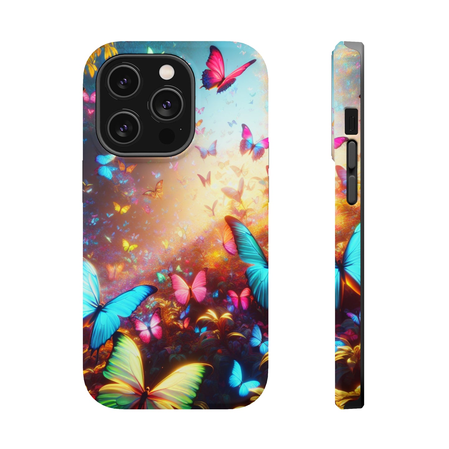 "Neon Butterfly Blooms" Neon Butterflies Premium Art Magsafe Magnet Tough IPhone 13 14 15 Pro Plus Max and Mini in Matte and Glossy Phone cases