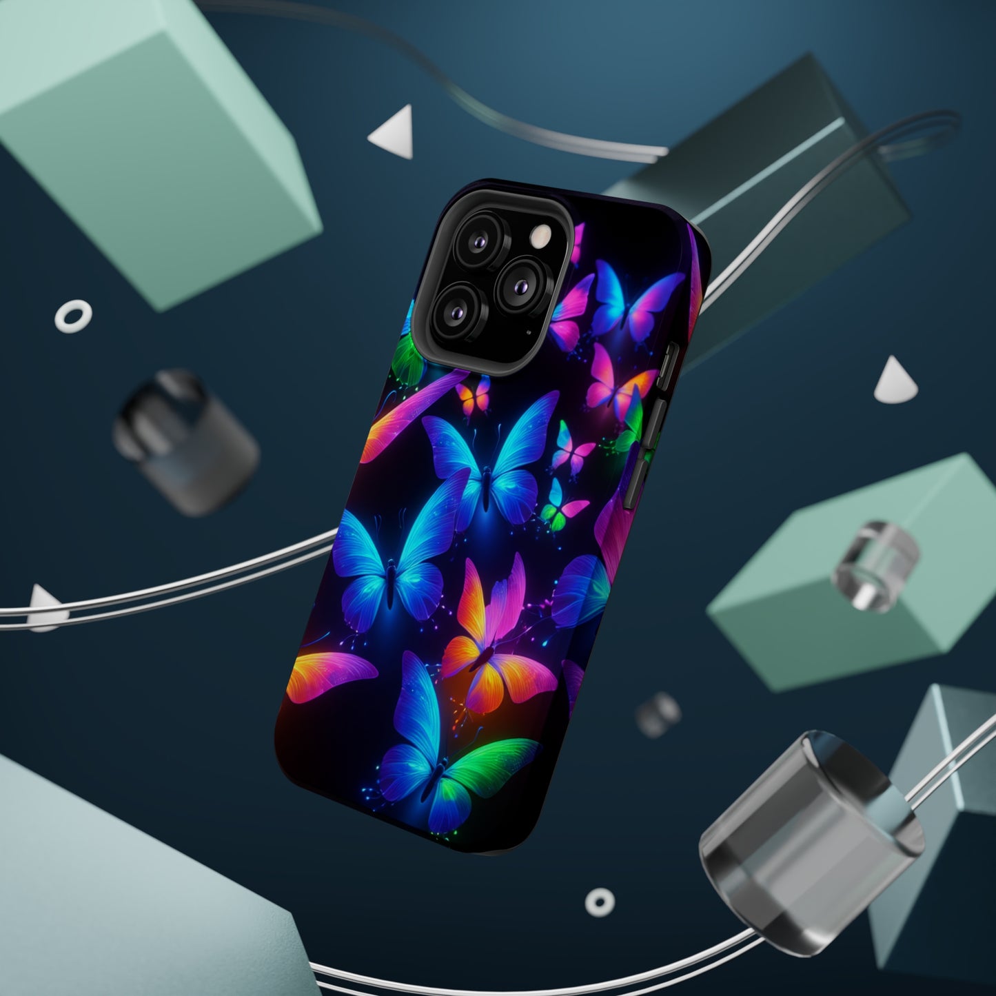 "Vibrant Neon Flutter" Neon Butterflies Premium Art Magsafe Magnet Tough IPhone 13 14 15 Pro Plus Max and Mini in Matte and Glossy Phone cases