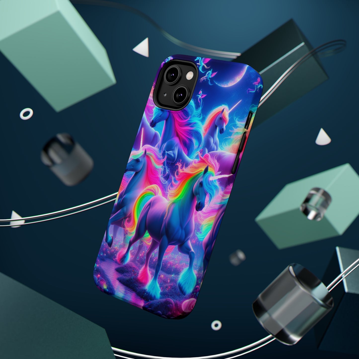 "Unicorn Prism" Neon Unicorns Premium Art Magsafe Magnet Tough IPhone 13 14 15 Pro Plus Max and Mini in Matte and Glossy Phone cases