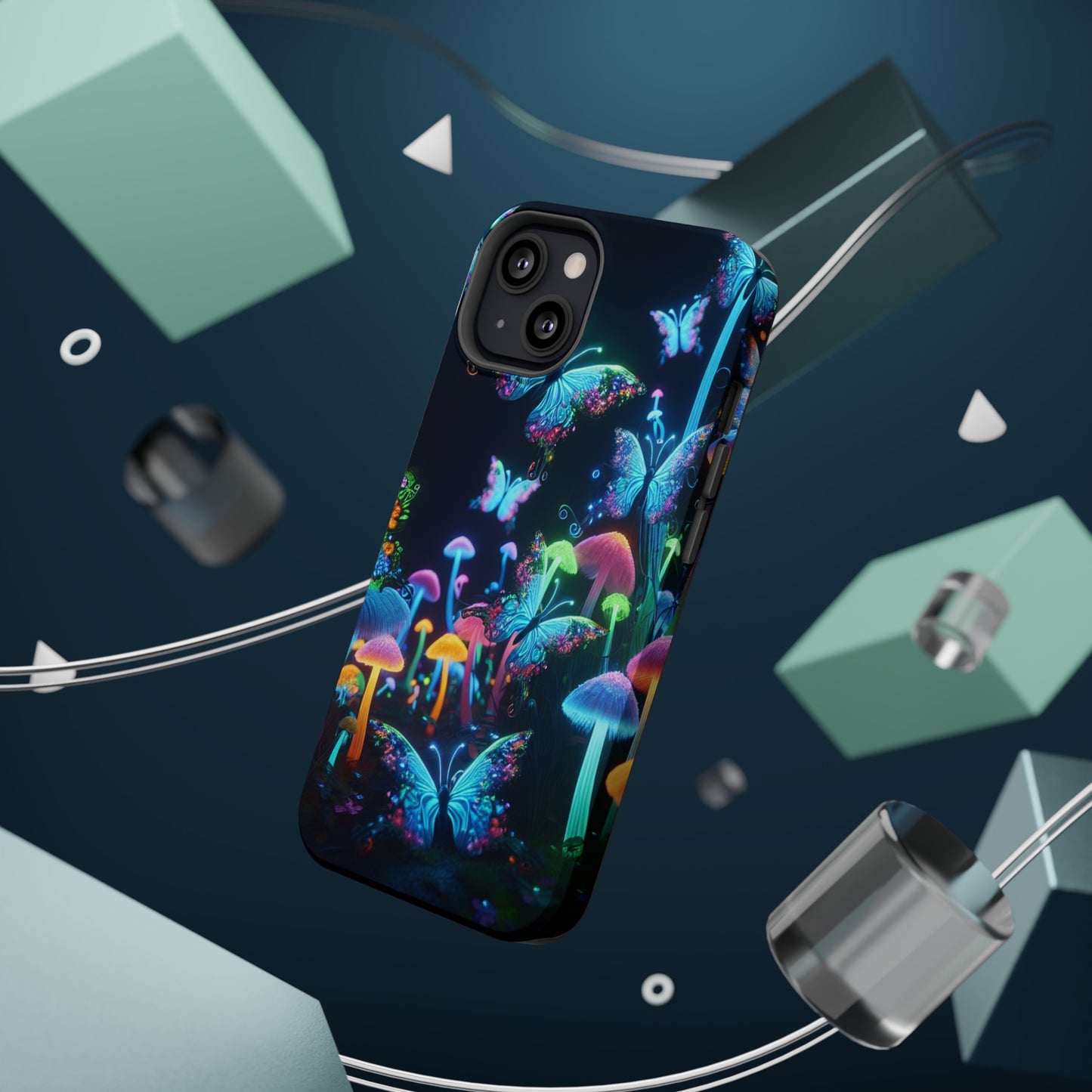 "Neon Dreamscape" Neon Butterflies and Mushrooms Premium Art Magsafe Magnet Tough IPhone 13 14 15 Pro Plus Max and Mini in Matte and Glossy Phone cases