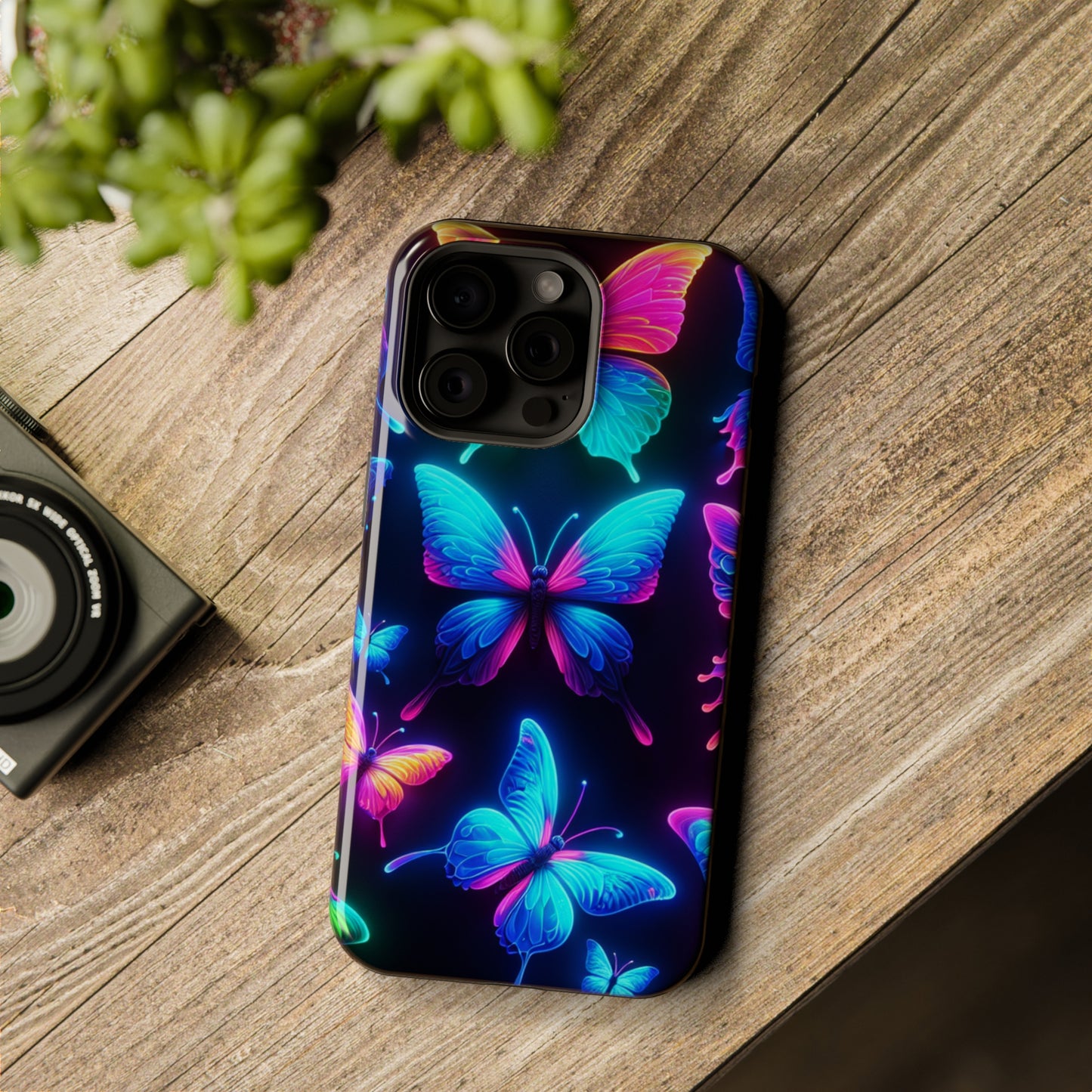 "Neon Flight Frenzy" Neon Butterflies Premium Art Magsafe Magnet Tough IPhone 13 14 15 Pro Plus Max and Mini in Matte and Glossy Phone cases