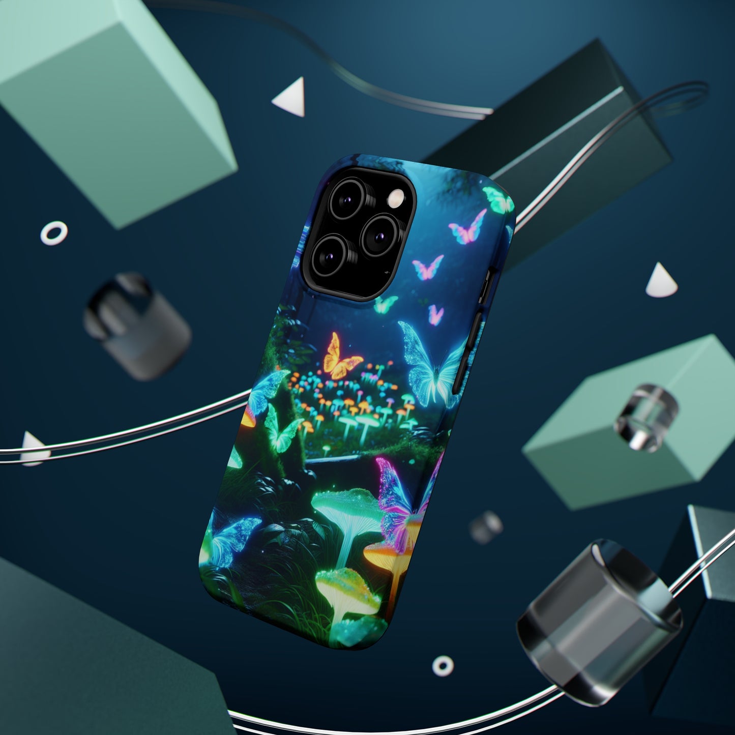 "Neon Meadow" Neon Butterflies and Mushrooms Premium Art Magsafe Magnet Tough IPhone 13 14 15 Pro Plus Max and Mini in Matte and Glossy Phone cases