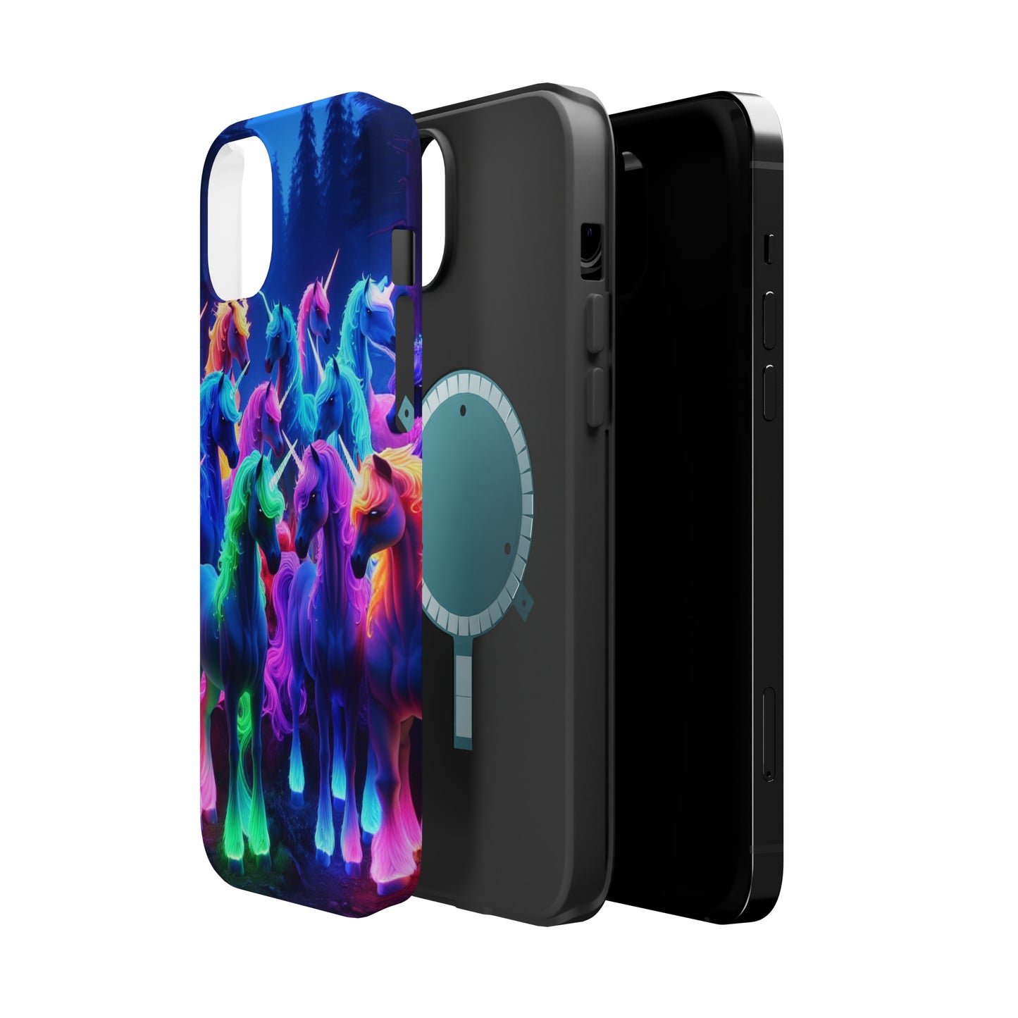 "Neon Fantasyland" Neon Unicorns Premium Art Magsafe Magnet Tough IPhone 13 14 15 Pro Plus Max and Mini in Matte and Glossy Phone cases
