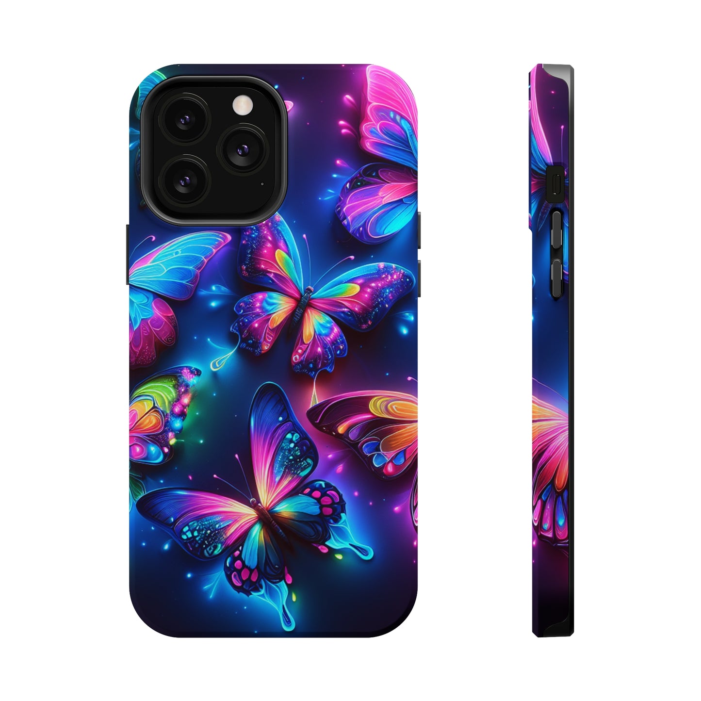 "Neon Butterfly Muster" Neon Butterflies Premium Art Magsafe Magnet Tough IPhone 13 14 15 Pro Plus Max and Mini in Matte and Glossy Phone cases