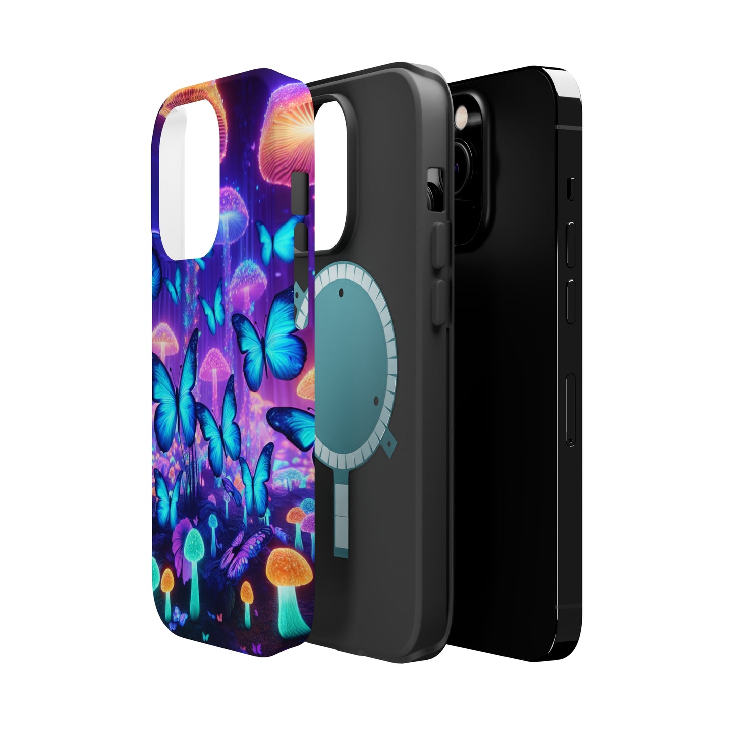 Neon Delight Landscape Neon Butterflies and Mushrooms Premium Art Magsafe Magnet Tough IPhone 13 14 15 Pro Plus Max and Mini in Matte and Glossy Phone cases