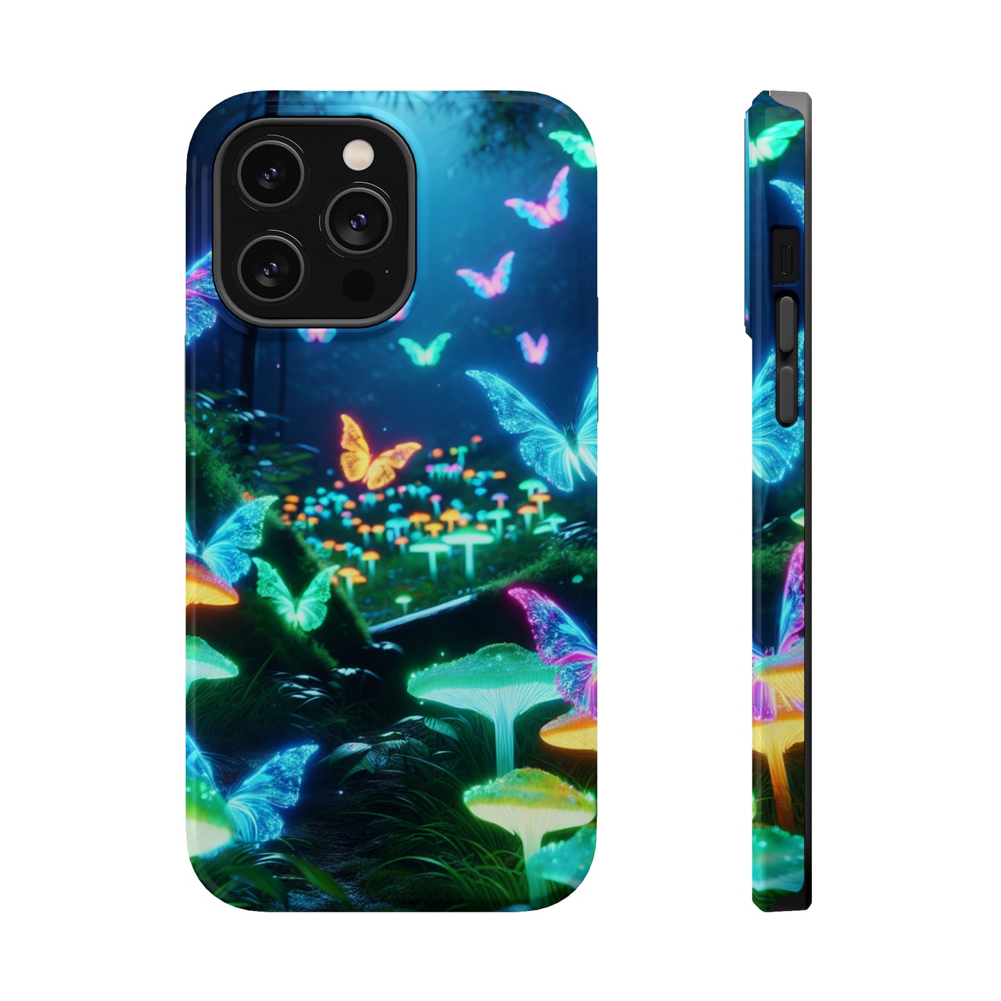 "Neon Meadow" Neon Butterflies and Mushrooms Premium Art Magsafe Magnet Tough IPhone 13 14 15 Pro Plus Max and Mini in Matte and Glossy Phone cases