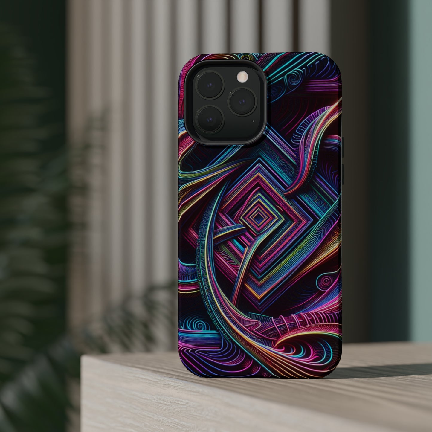 Fluxing Fractalvisage. Neon Trippy Infinity Patterns Premium Art Magsafe Magnet Tough IPhone 13 14 15 Pro Plus Max and Mini in Matte and Glossy Phone cases