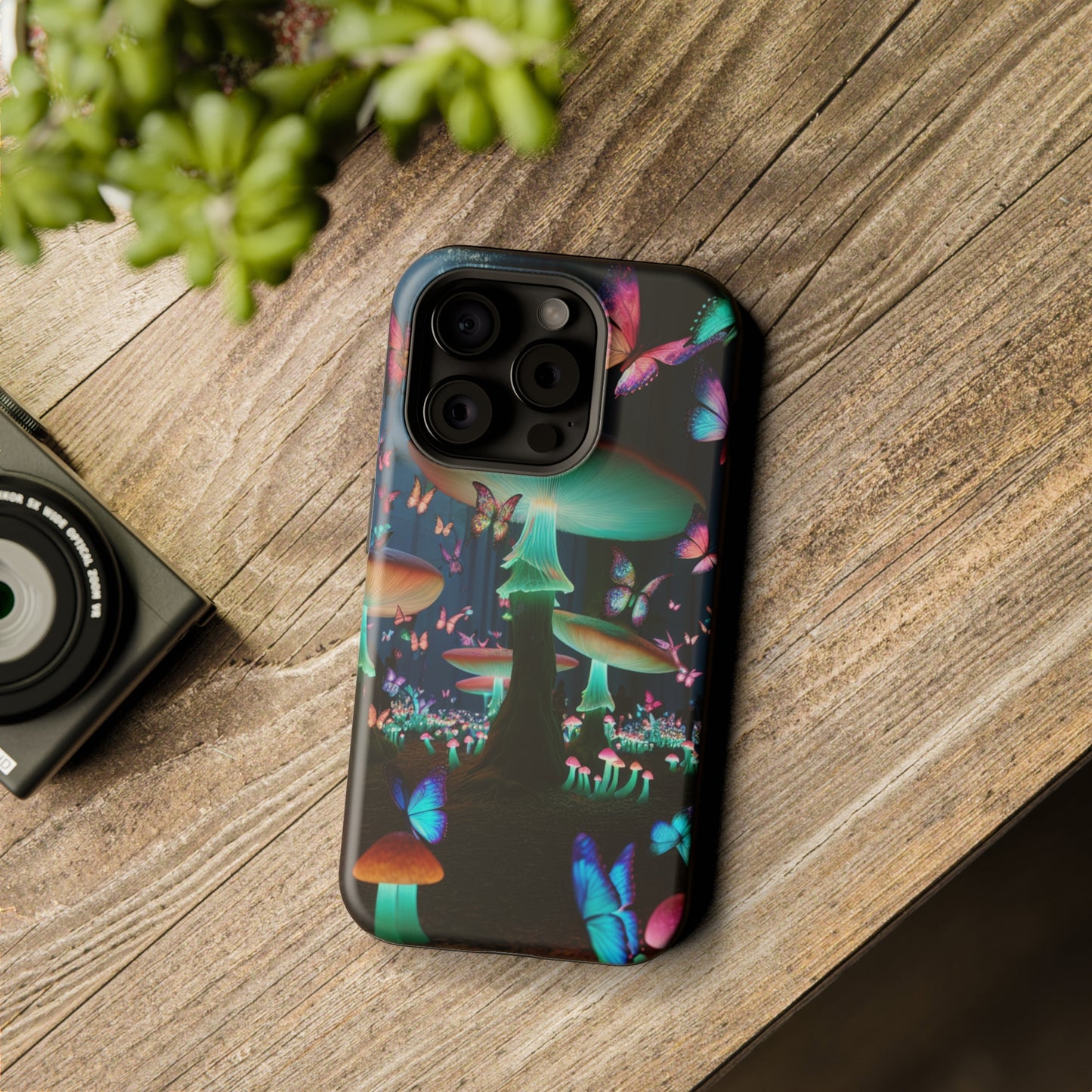Neon Garden Delight. Neon Butterflies and Mushrooms Premium Art Magsafe Magnet Tough IPhone 13 14 15 Pro Plus Max and Mini in Matte and Glossy Phone cases
