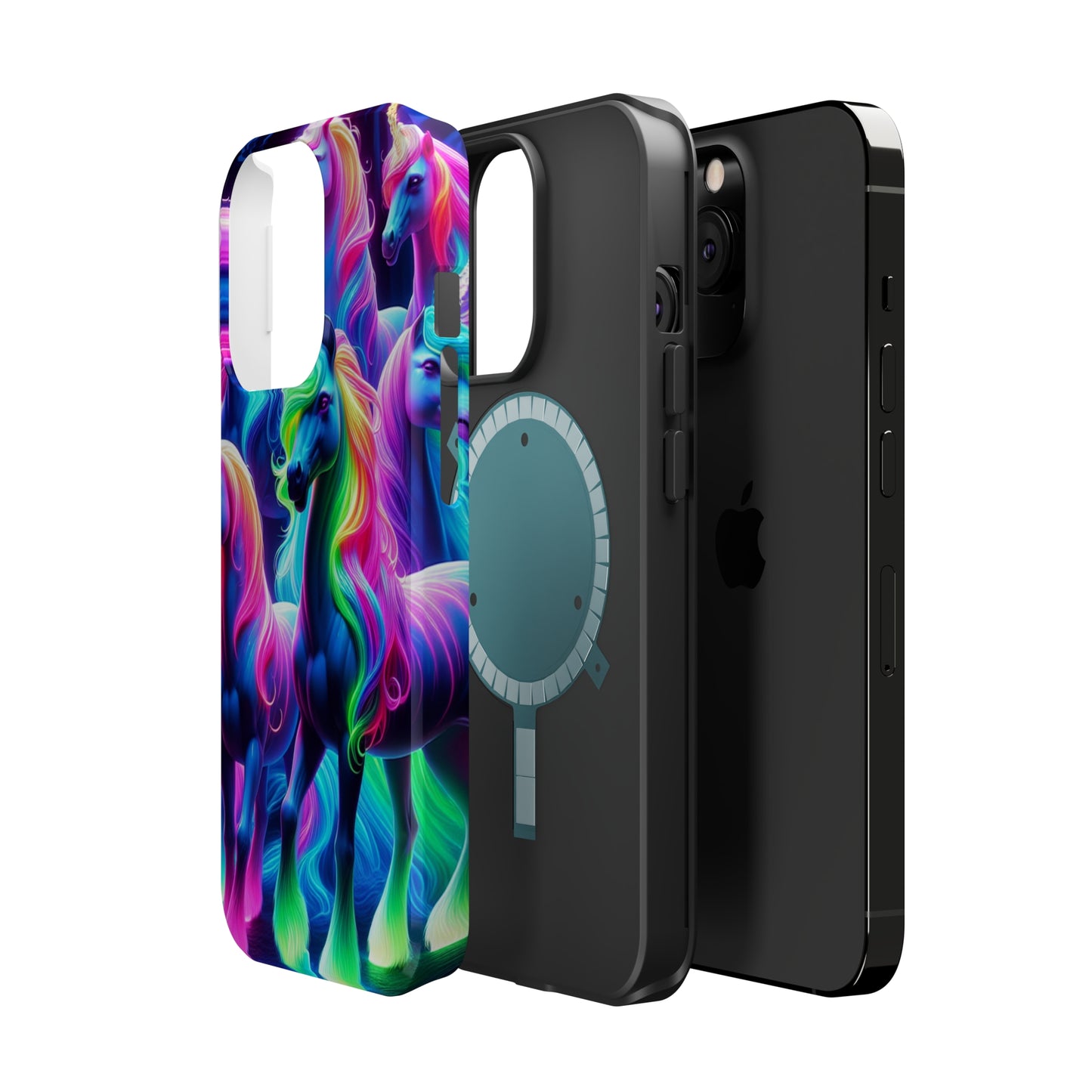 Neon Magic Skies - Unicorn Gang. Neon Unicorns Premium Art Magsafe Magnet Tough IPhone 13 14 15 Pro Plus Max and Mini in Matte and Glossy Phone cases
