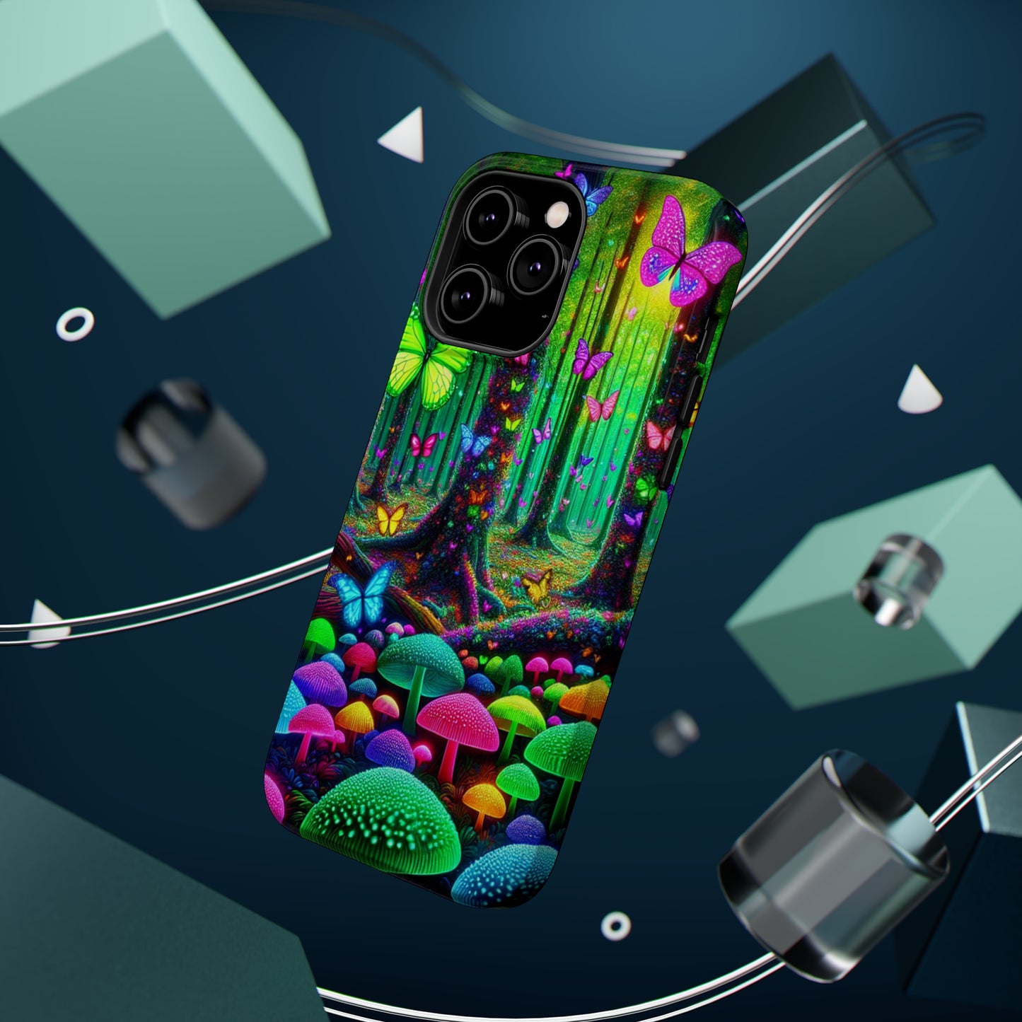 "Neon Garden Symphony". Neon Butterflies and Mushrooms Premium Art Magsafe Magnet Tough IPhone 13 14 15 Pro Plus Max and Mini in Matte and Glossy Phone cases