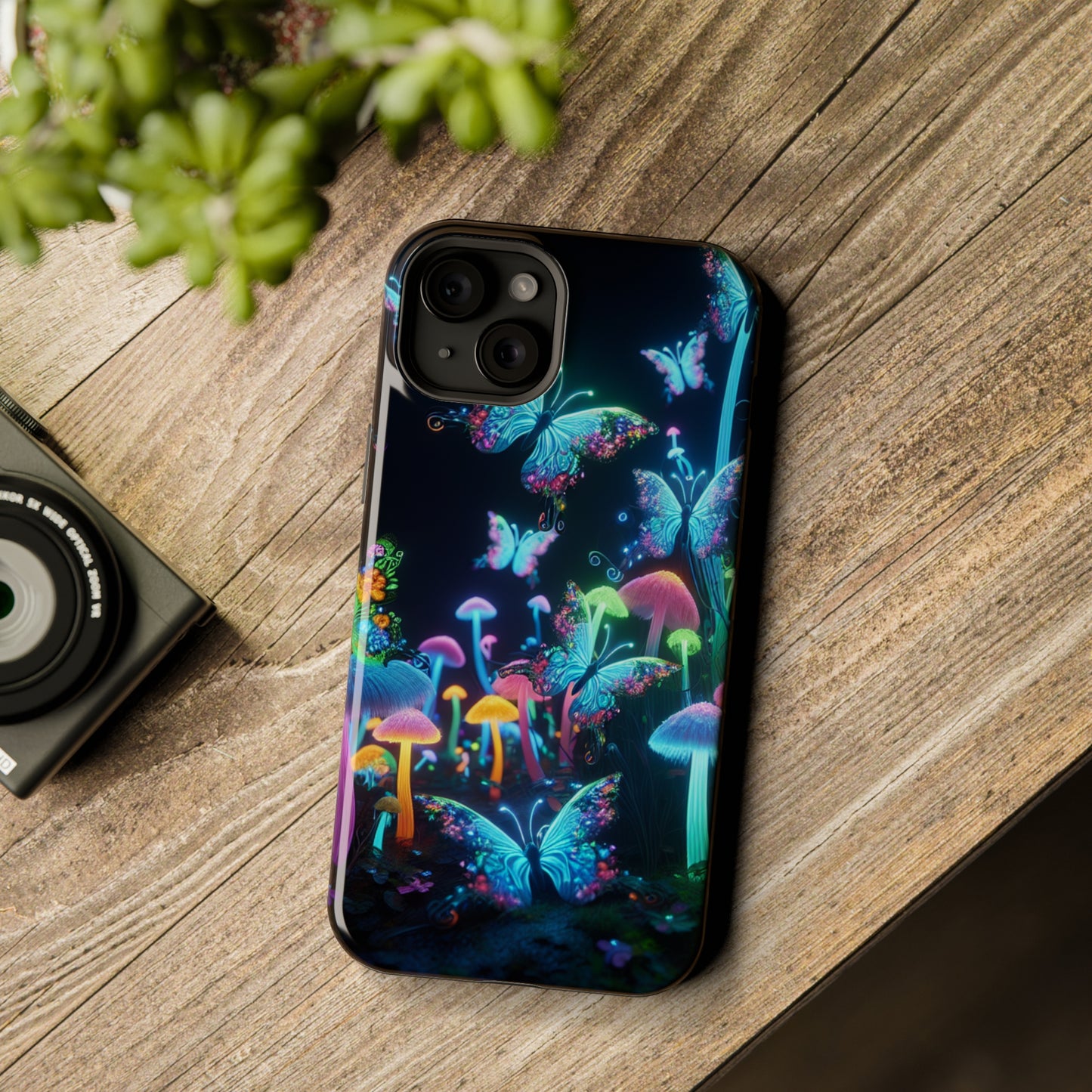 "Neon Dreamscape" Neon Butterflies and Mushrooms Premium Art Magsafe Magnet Tough IPhone 13 14 15 Pro Plus Max and Mini in Matte and Glossy Phone cases