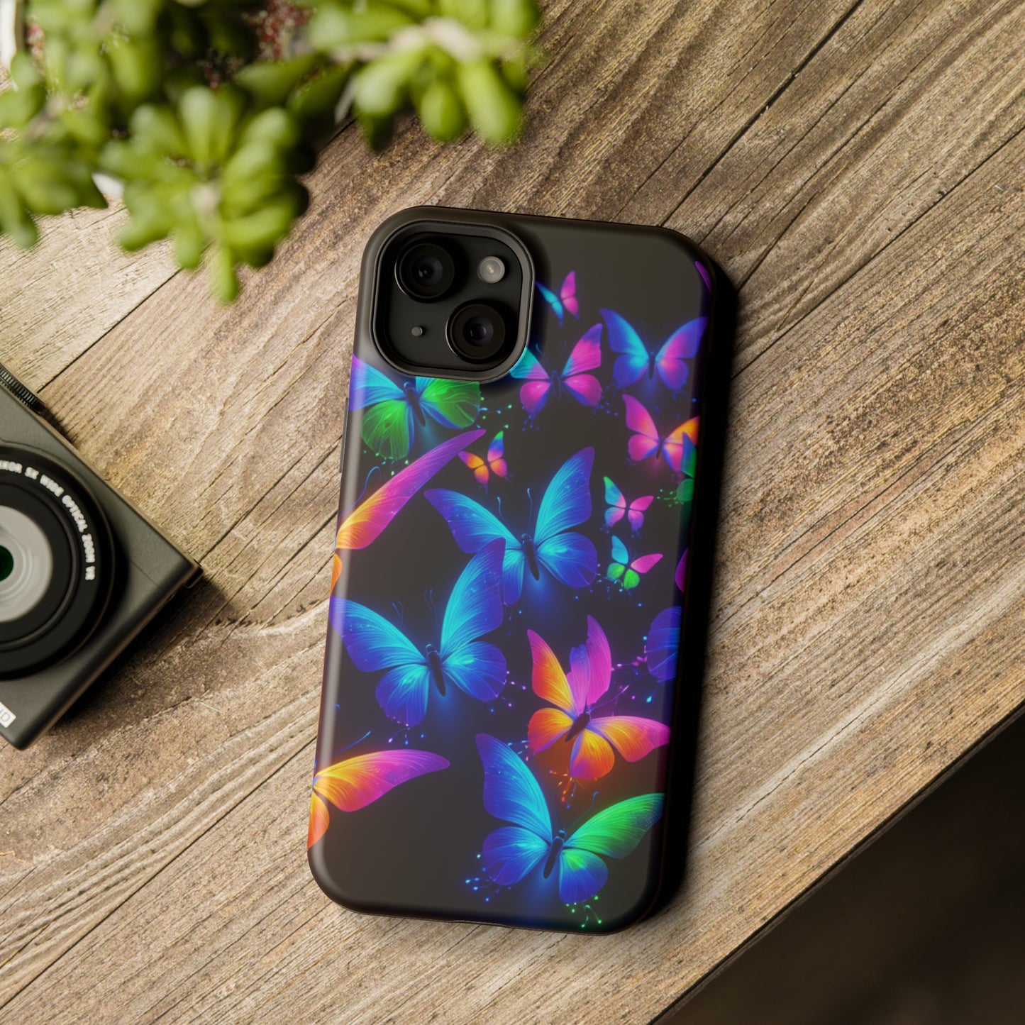 "Vibrant Neon Flutter" Neon Butterflies Premium Art Magsafe Magnet Tough IPhone 13 14 15 Pro Plus Max and Mini in Matte and Glossy Phone cases