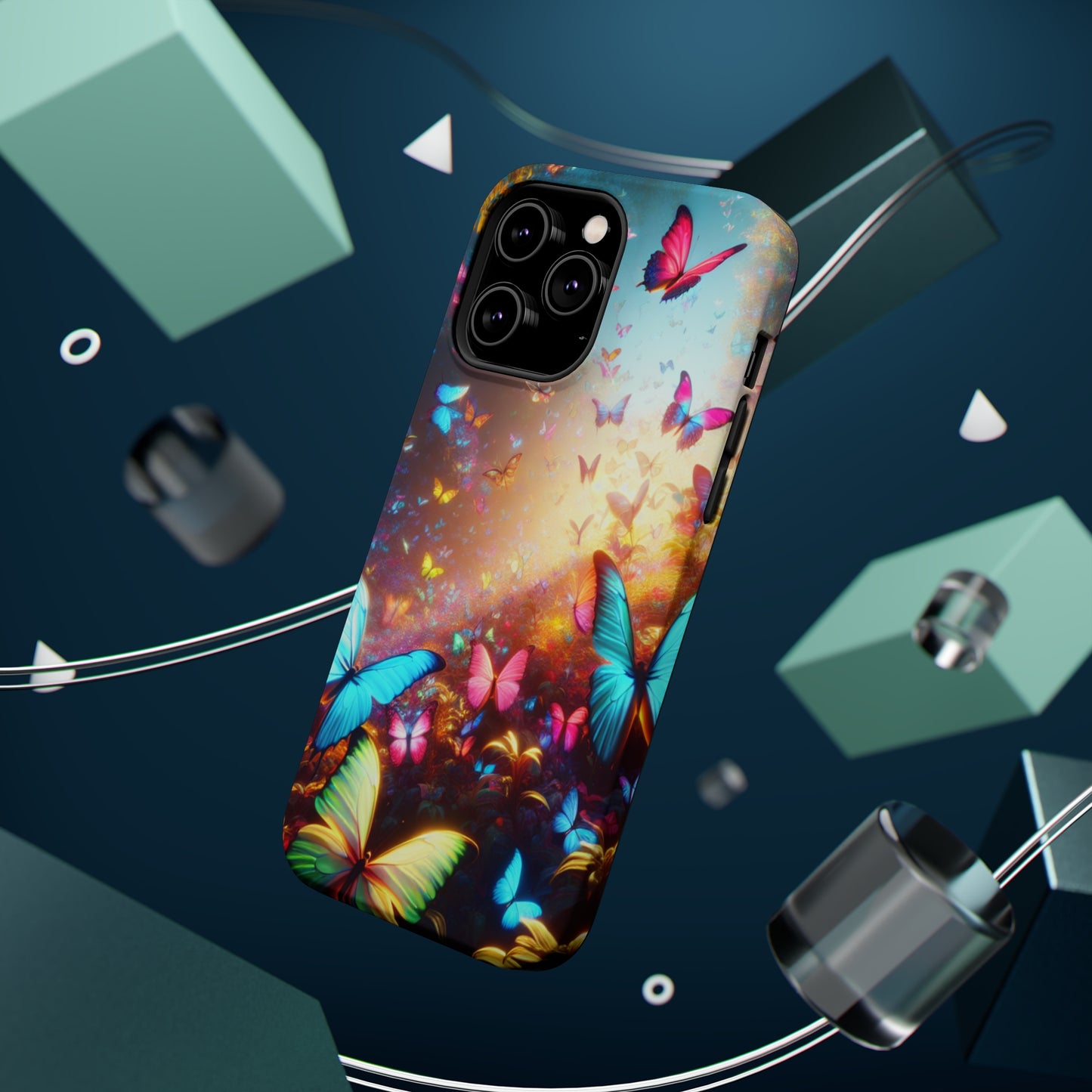 "Neon Butterfly Blooms" Neon Butterflies Premium Art Magsafe Magnet Tough IPhone 13 14 15 Pro Plus Max and Mini in Matte and Glossy Phone cases