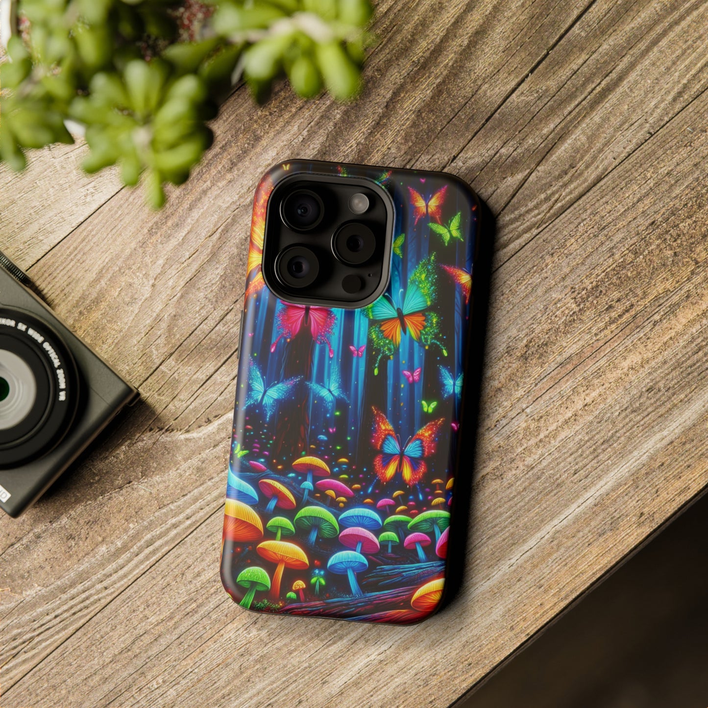 Neon Fantasia. Neon Butterflies and Mushrooms Premium Art Magsafe Magnet Tough IPhone 13 14 15 Pro Plus Max and Mini in Matte and Glossy Phone cases