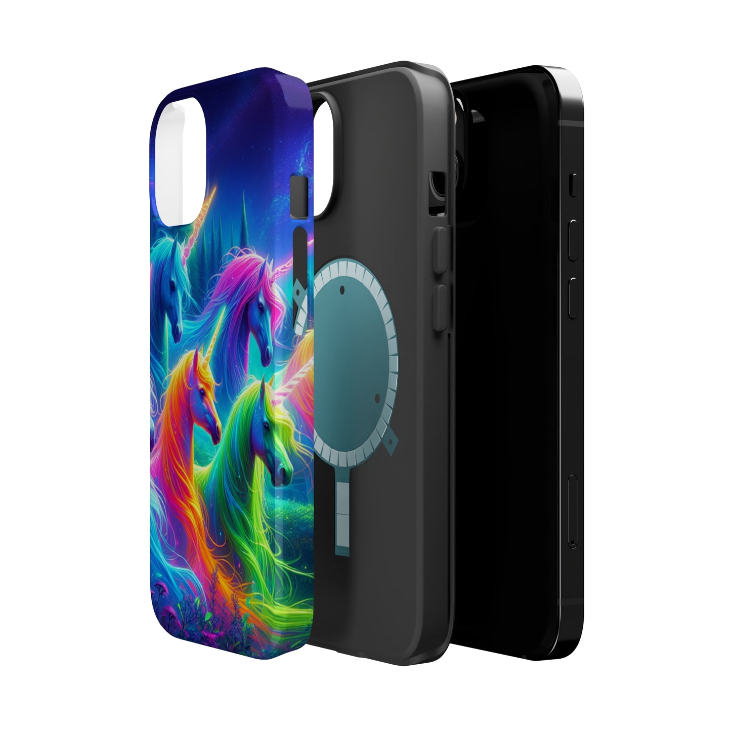 "Vibrant Neon Unicorn Rainbow" Neon Unicorns Premium Art Magsafe Magnet Tough IPhone 13 14 15 Pro Plus Max and Mini in Matte and Glossy Phone cases
