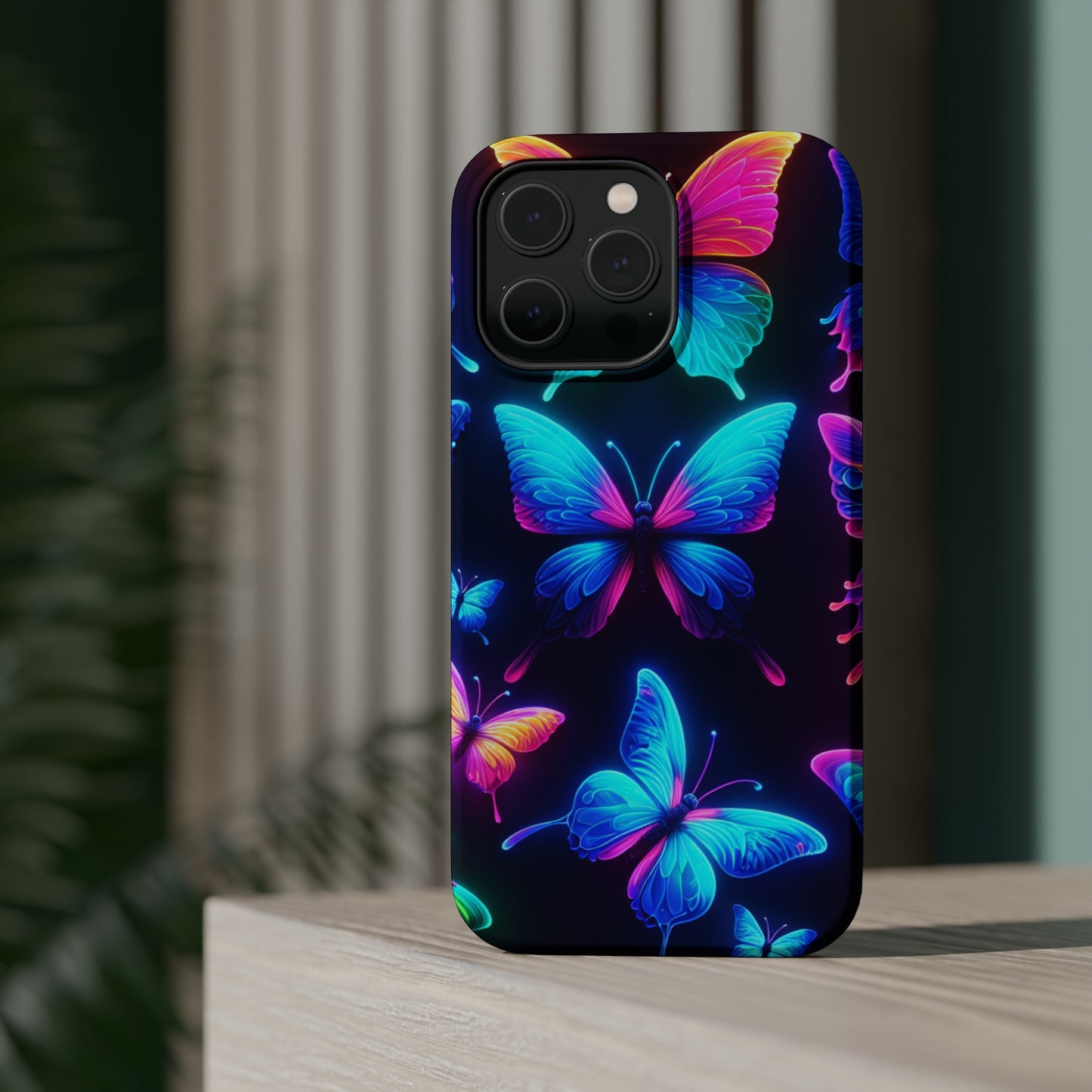 "Neon Flight Frenzy" Neon Butterflies Premium Art Magsafe Magnet Tough IPhone 13 14 15 Pro Plus Max and Mini in Matte and Glossy Phone cases
