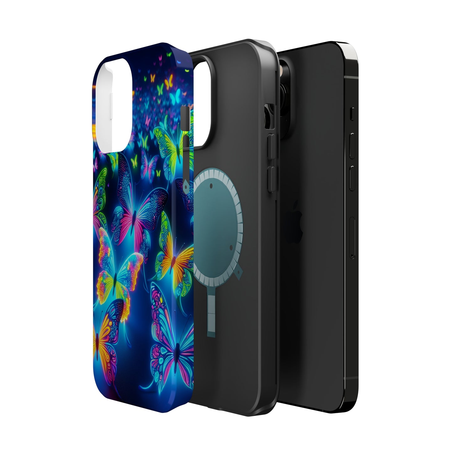 "Atmospheric Fluorescence" Neon Butterflies Premium Art Magsafe Magnet Tough IPhone 13 14 15 Pro Plus Max and Mini in Matte and Glossy Phone cases
