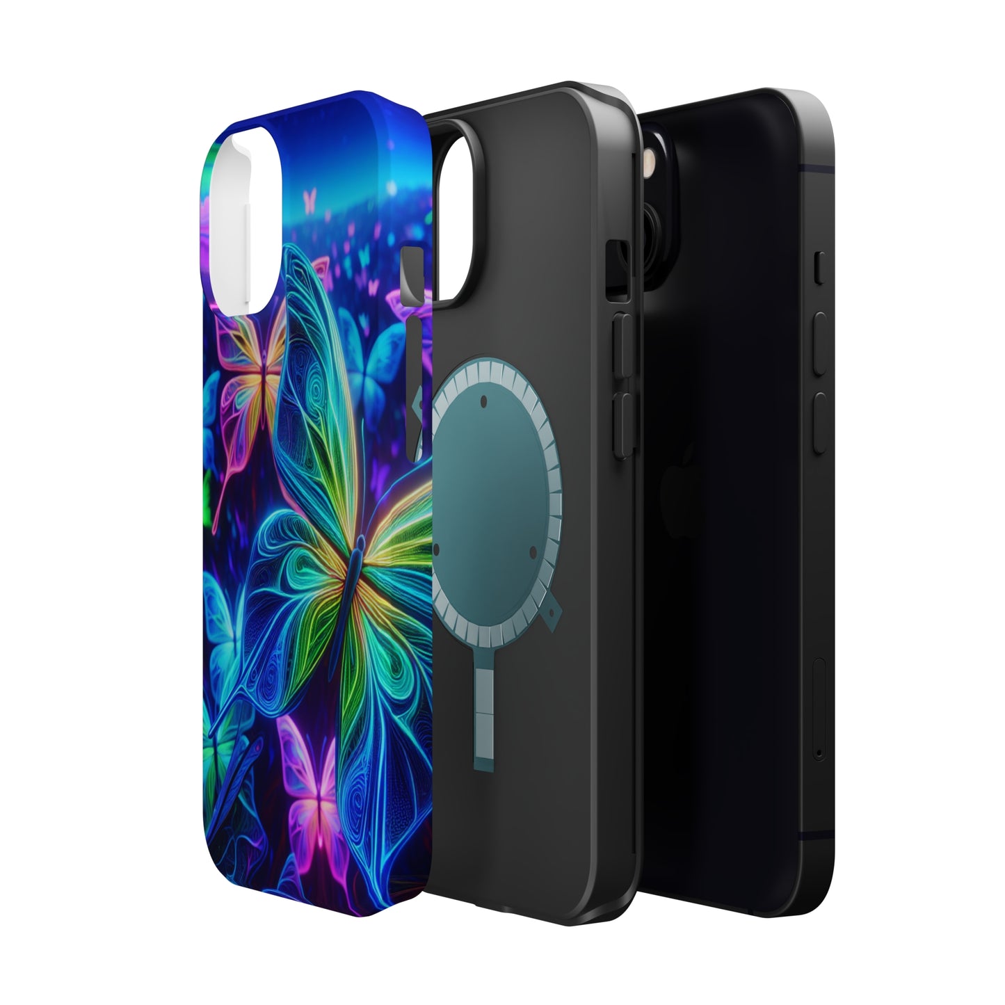 'Serene Spectacle of Neon Butterflies' Neon Butterflies Premium Art Magsafe Magnet Tough IPhone 13 14 15 Pro Plus Max and Mini in Matte and Glossy Phone cases