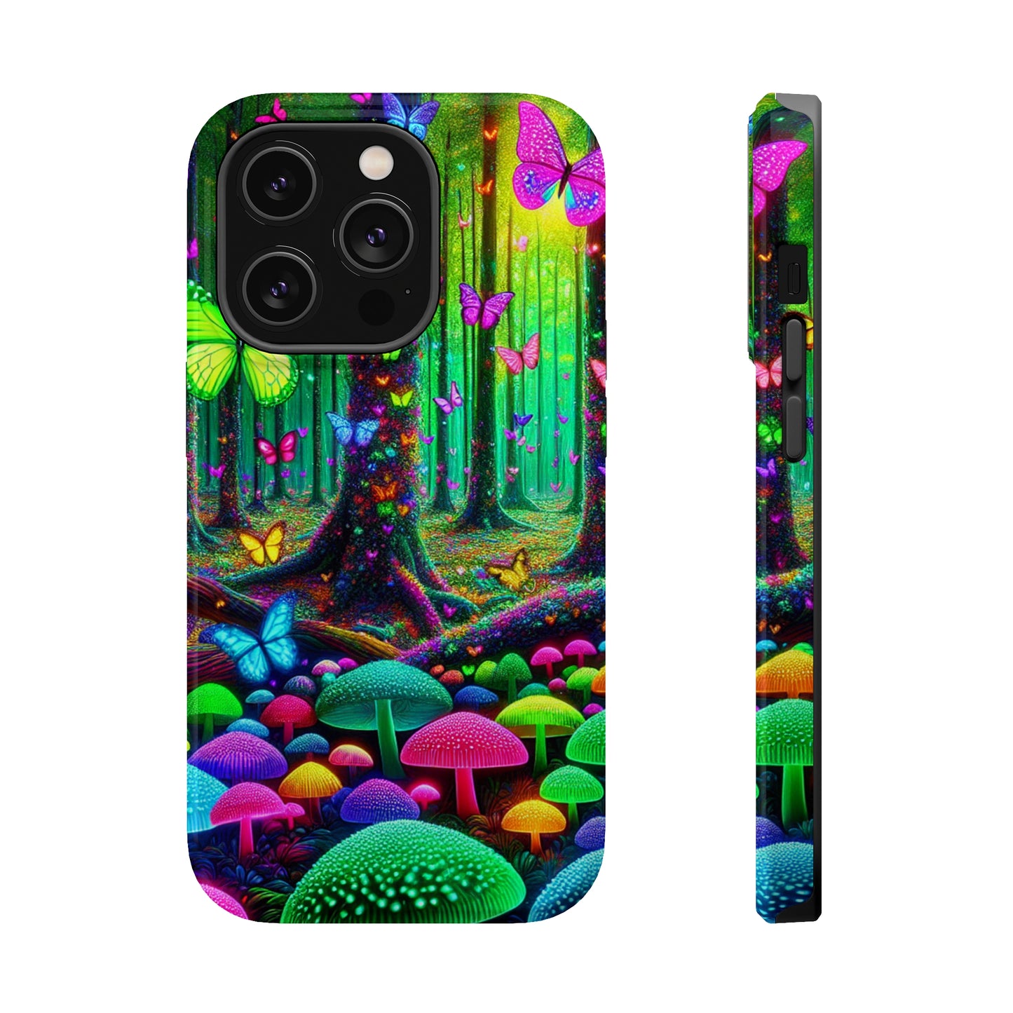 "Neon Garden Symphony". Neon Butterflies and Mushrooms Premium Art Magsafe Magnet Tough IPhone 13 14 15 Pro Plus Max and Mini in Matte and Glossy Phone cases