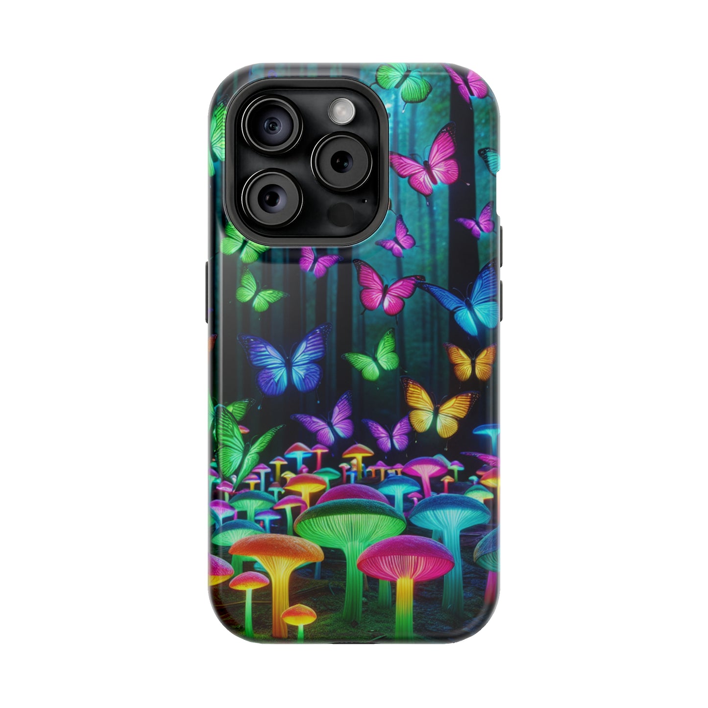"Vivid Neon Splendor" Neon Butterflies and Mushrooms Premium Art Magsafe Magnet Tough IPhone 13 14 15 Pro Plus Max and Mini in Matte and Glossy Phone cases