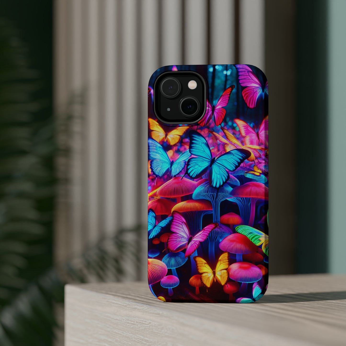 "Neon Tie-Dye Garden" Neon Butterflies and Mushrooms Premium Art Magsafe Magnet Tough IPhone 13 14 15 Pro Plus Max and Mini in Matte and Glossy Phone cases
