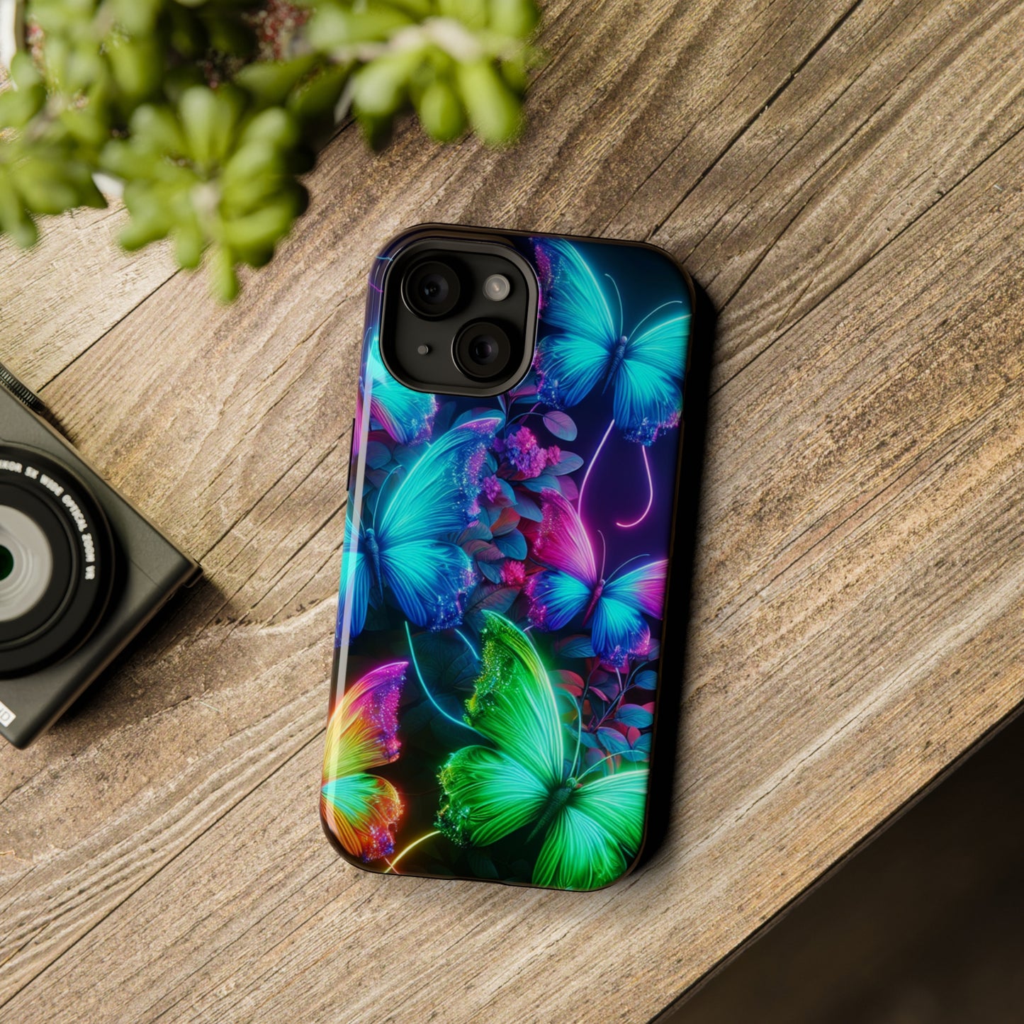 Neon Flutter Symphony Neon Butterflies Premium Art Magsafe Magnet Tough IPhone 13 14 15 Pro Plus Max and Mini in Matte and Glossy Phone cases