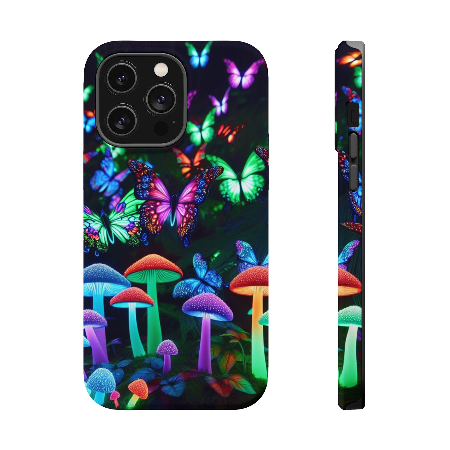 "Neon Burst Wonderland". Neon Butterflies and Mushrooms Premium Art Magsafe Magnet Tough IPhone 13 14 15 Pro Plus Max and Mini in Matte and Glossy Phone cases