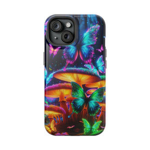 Neon Fantasia. Neon Butterflies and Mushrooms Premium Art Magsafe Magnet Tough IPhone 13 14 15 Pro Plus Max and Mini in Matte and Glossy Phone cases