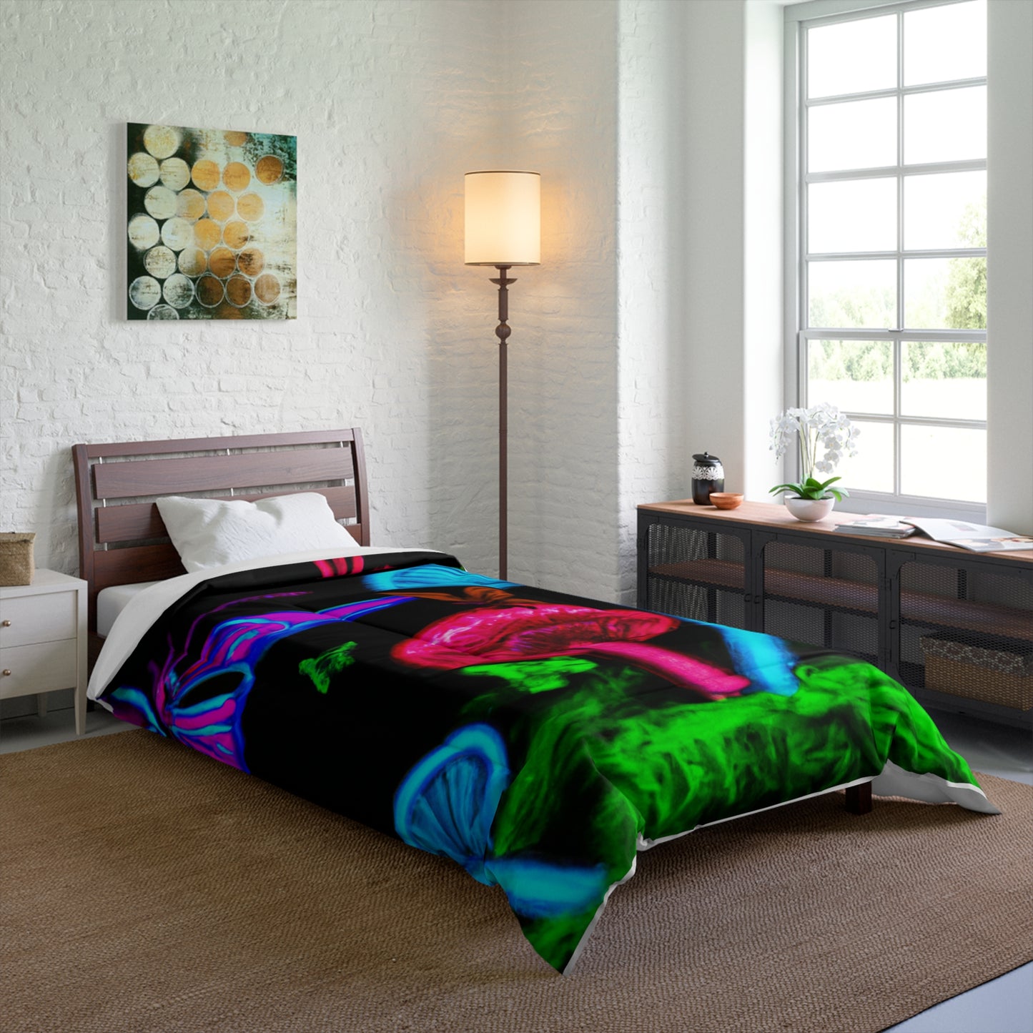 "Vibrant Nectar Dreamscape" Butterflies & Mushrooms Comforter Blanket