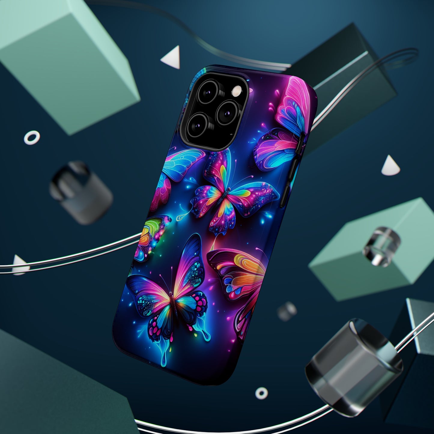 "Neon Butterfly Muster" Neon Butterflies Premium Art Magsafe Magnet Tough IPhone 13 14 15 Pro Plus Max and Mini in Matte and Glossy Phone cases