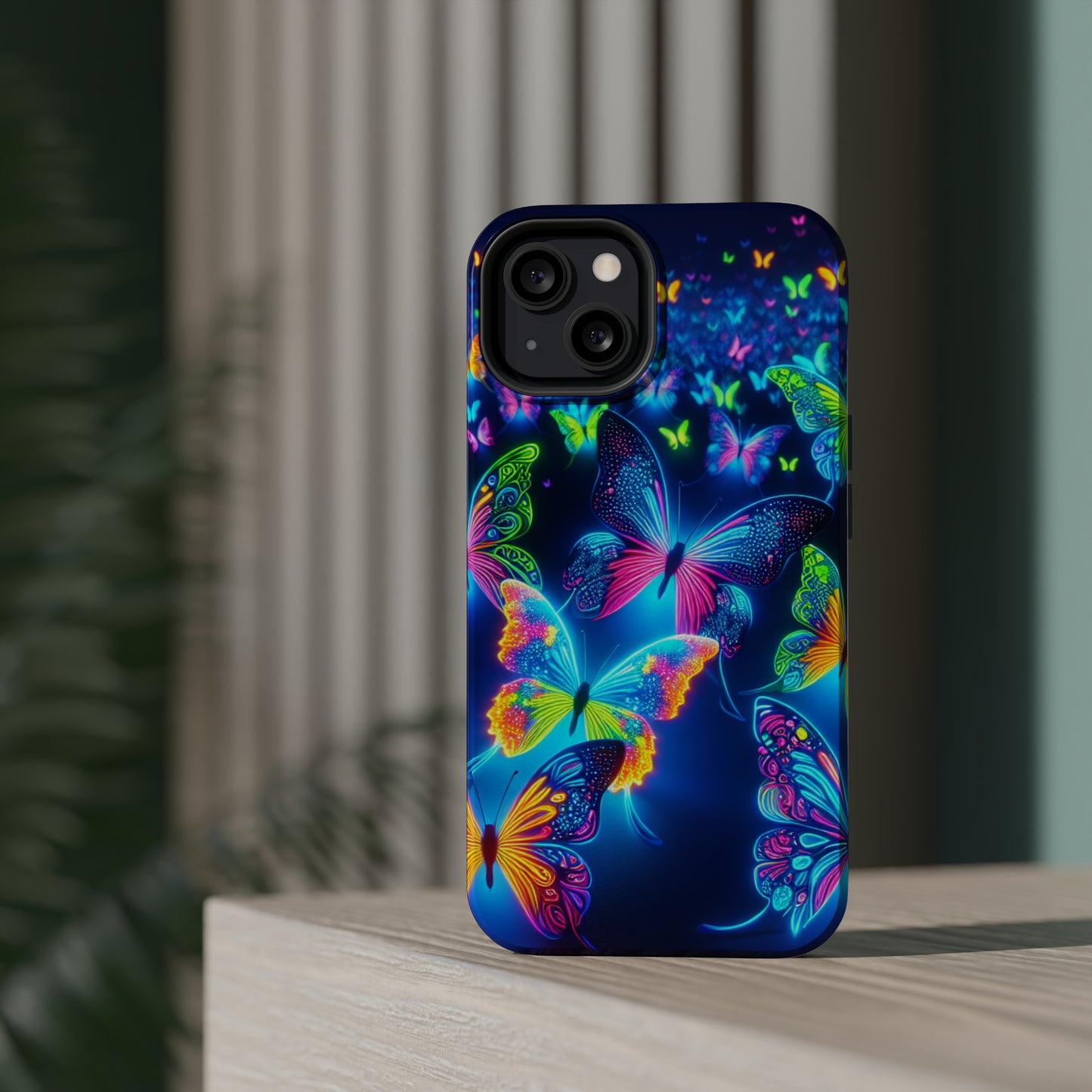 "Atmospheric Fluorescence" Neon Butterflies Premium Art Magsafe Magnet Tough IPhone 13 14 15 Pro Plus Max and Mini in Matte and Glossy Phone cases