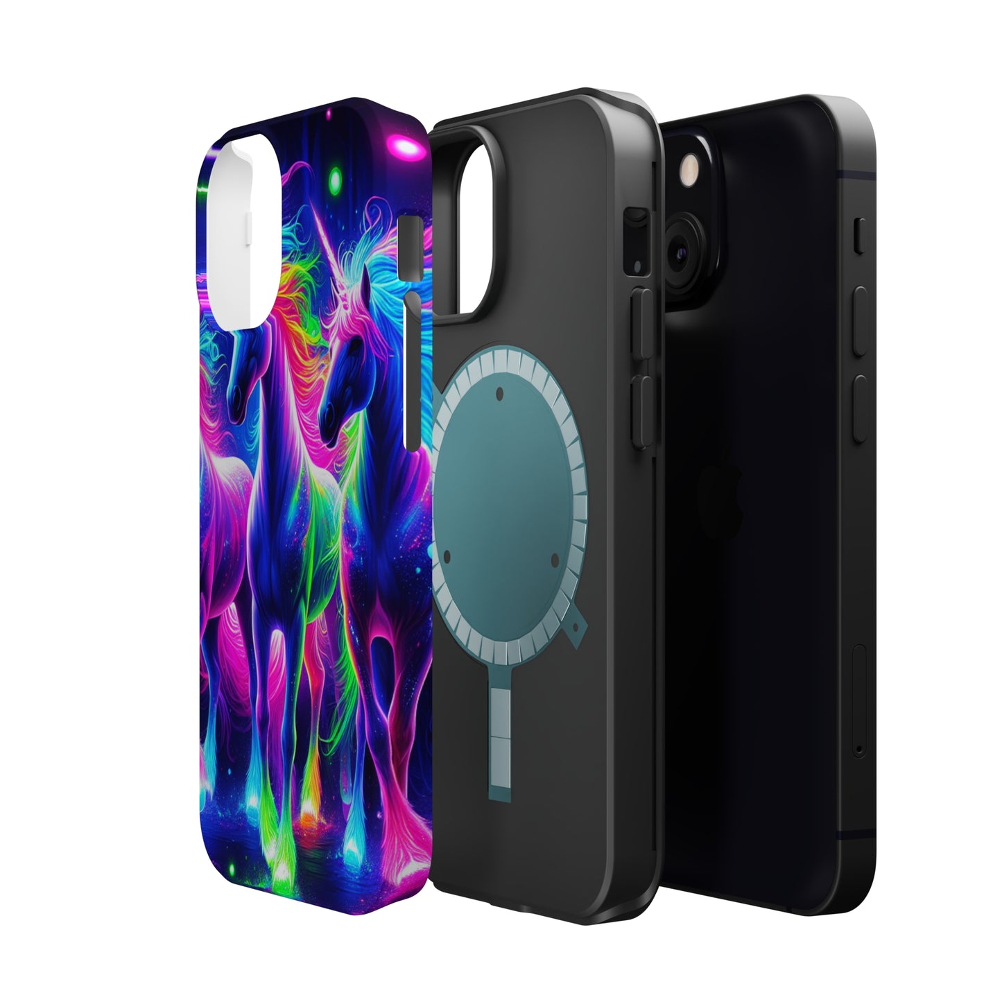 "Uni-Neon Fantasy" Neon Unicorns Premium Art Magsafe Magnet Tough IPhone 13 14 15 Pro Plus Max and Mini in Matte and Glossy Phone cases