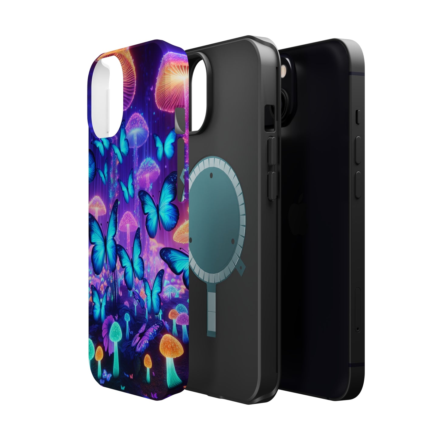 Neon Delight Landscape Neon Butterflies and Mushrooms Premium Art Magsafe Magnet Tough IPhone 13 14 15 Pro Plus Max and Mini in Matte and Glossy Phone cases