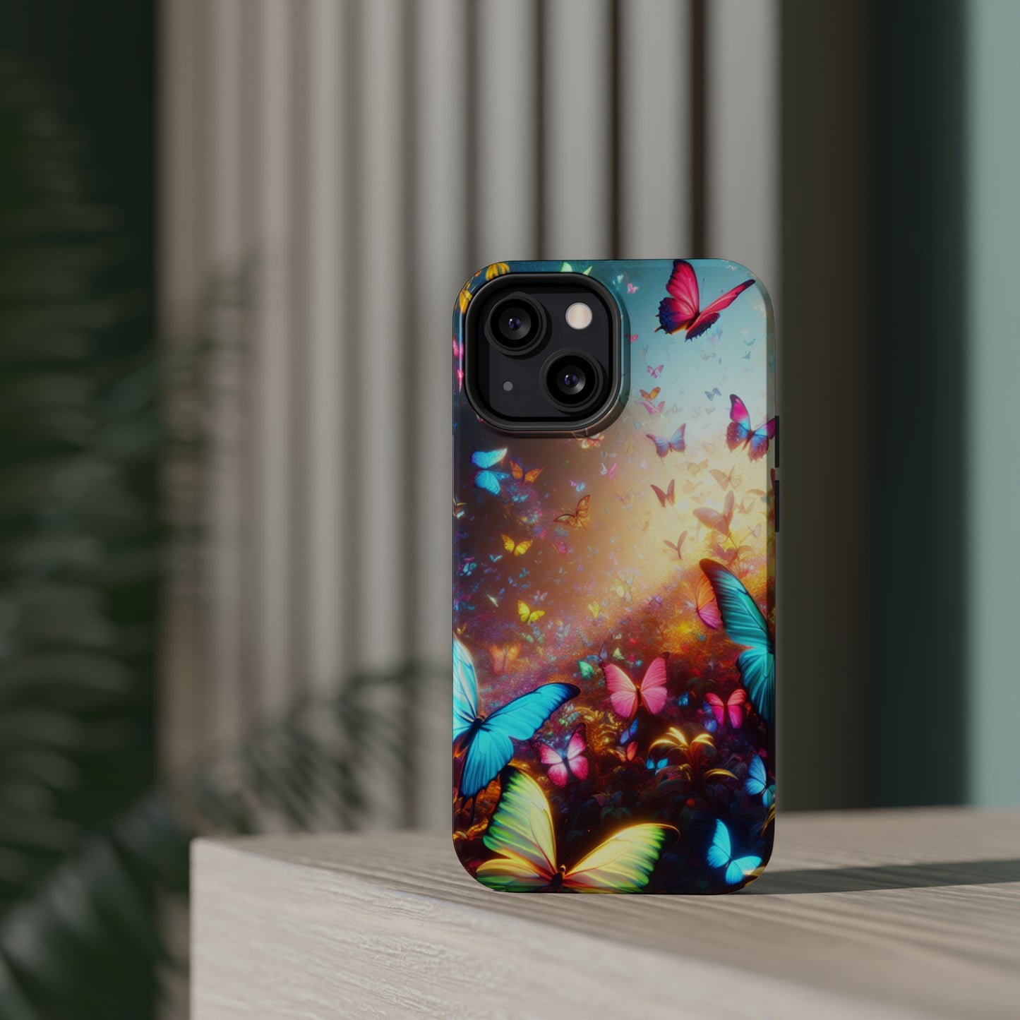 "Neon Butterfly Blooms" Neon Butterflies Premium Art Magsafe Magnet Tough IPhone 13 14 15 Pro Plus Max and Mini in Matte and Glossy Phone cases