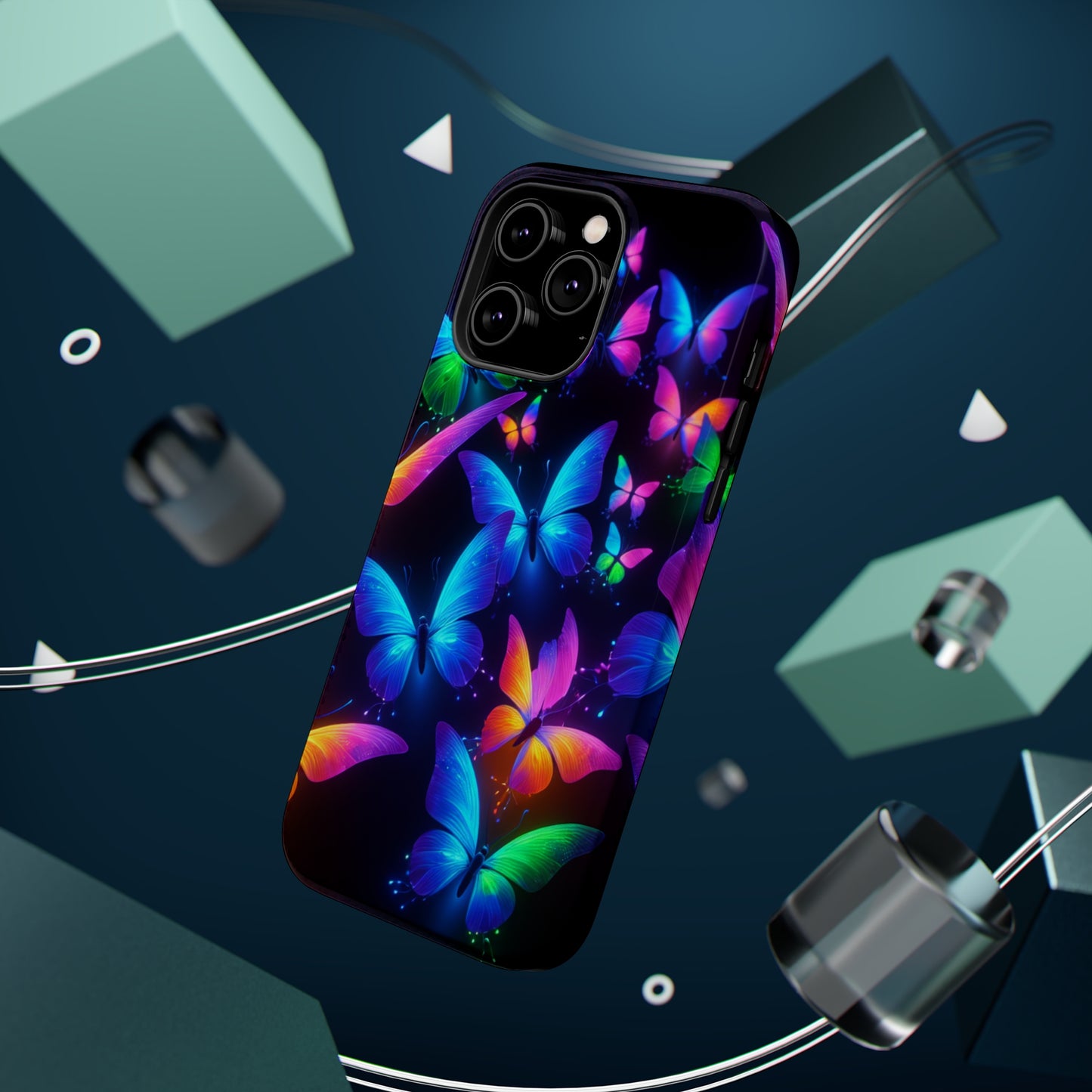 "Vibrant Neon Flutter" Neon Butterflies Premium Art Magsafe Magnet Tough IPhone 13 14 15 Pro Plus Max and Mini in Matte and Glossy Phone cases