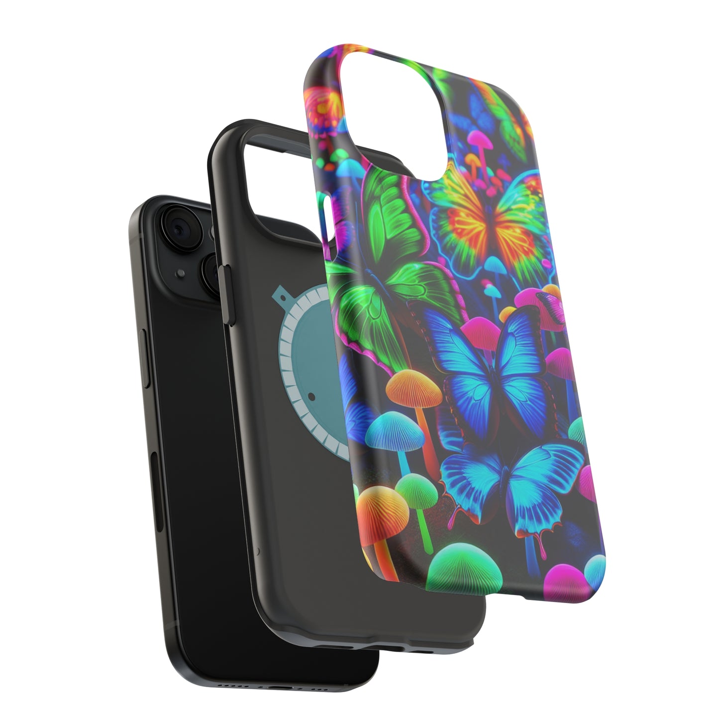 "Fantastic Fruition" Neon Butterflies and Mushrooms Premium Art Magsafe Magnet Tough IPhone 13 14 15 Pro Plus Max and Mini in Matte and Glossy Phone cases