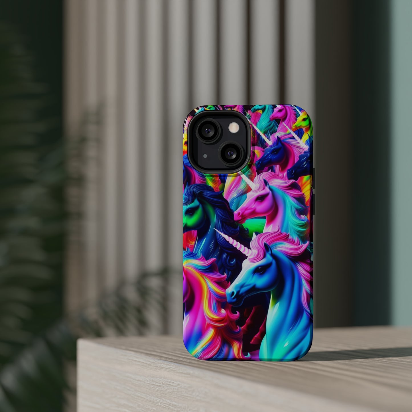 "Neon Illumination" Neon Unicorns Premium Art Magsafe Magnet Tough IPhone 13 14 15 Pro Plus Max and Mini in Matte and Glossy Phone cases