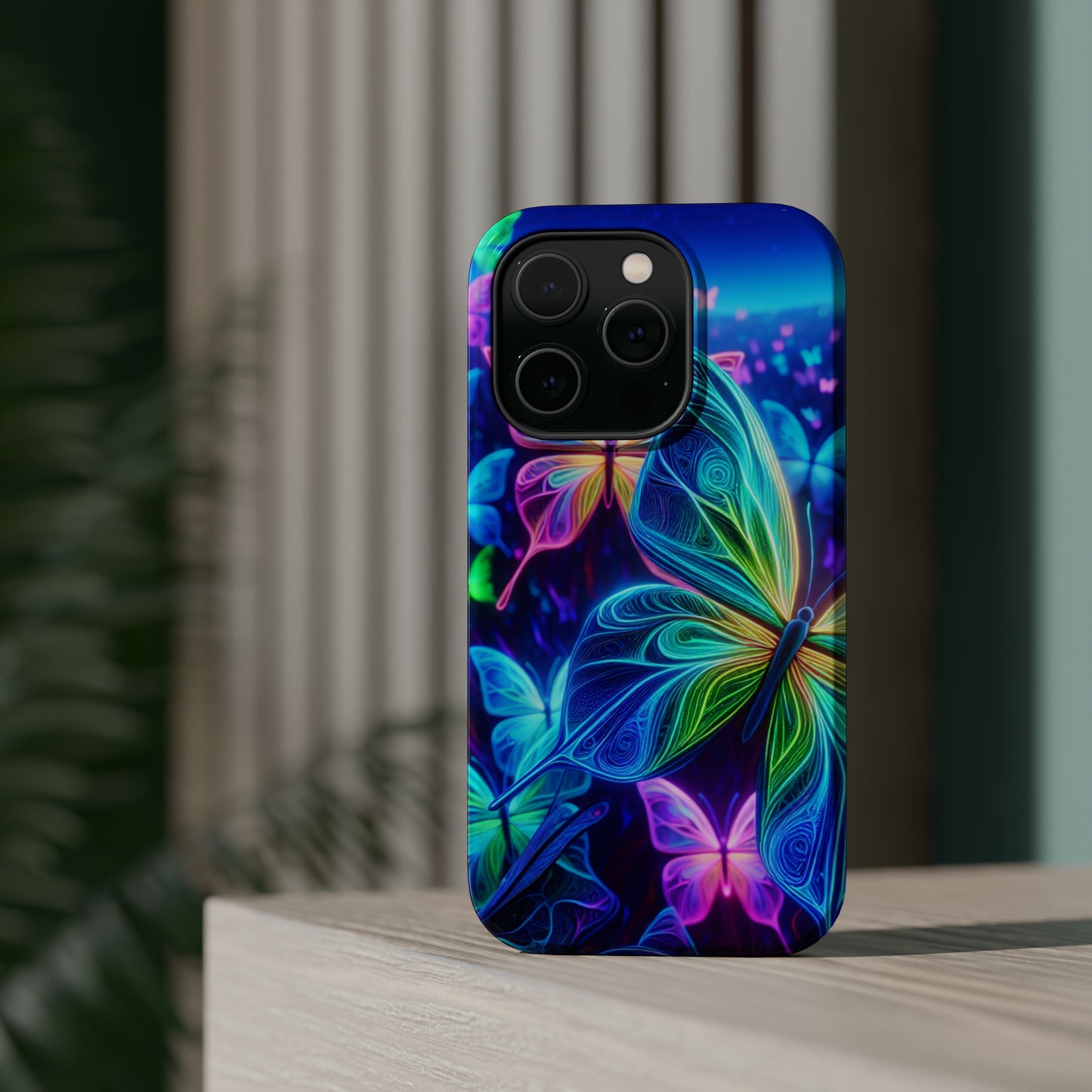 'Serene Spectacle of Neon Butterflies' Neon Butterflies Premium Art Magsafe Magnet Tough IPhone 13 14 15 Pro Plus Max and Mini in Matte and Glossy Phone cases