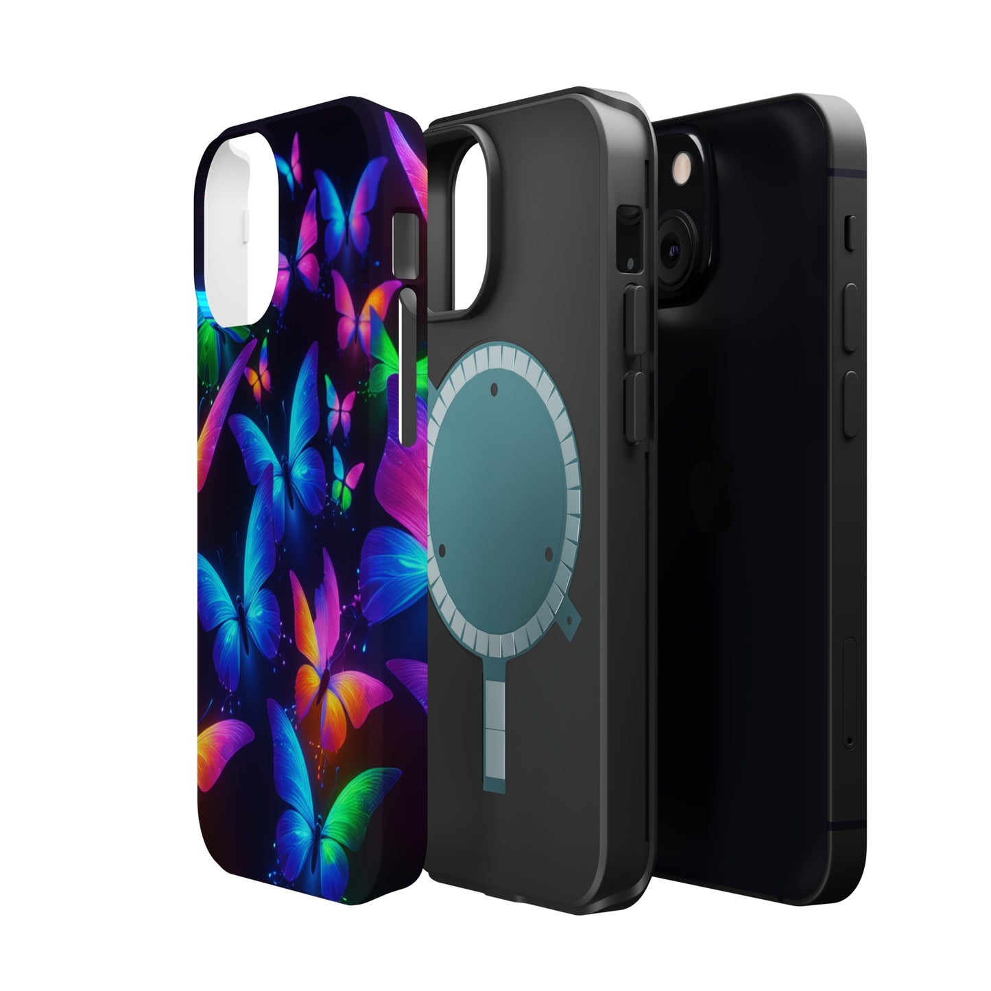 "Vibrant Neon Flutter" Neon Butterflies Premium Art Magsafe Magnet Tough IPhone 13 14 15 Pro Plus Max and Mini in Matte and Glossy Phone cases