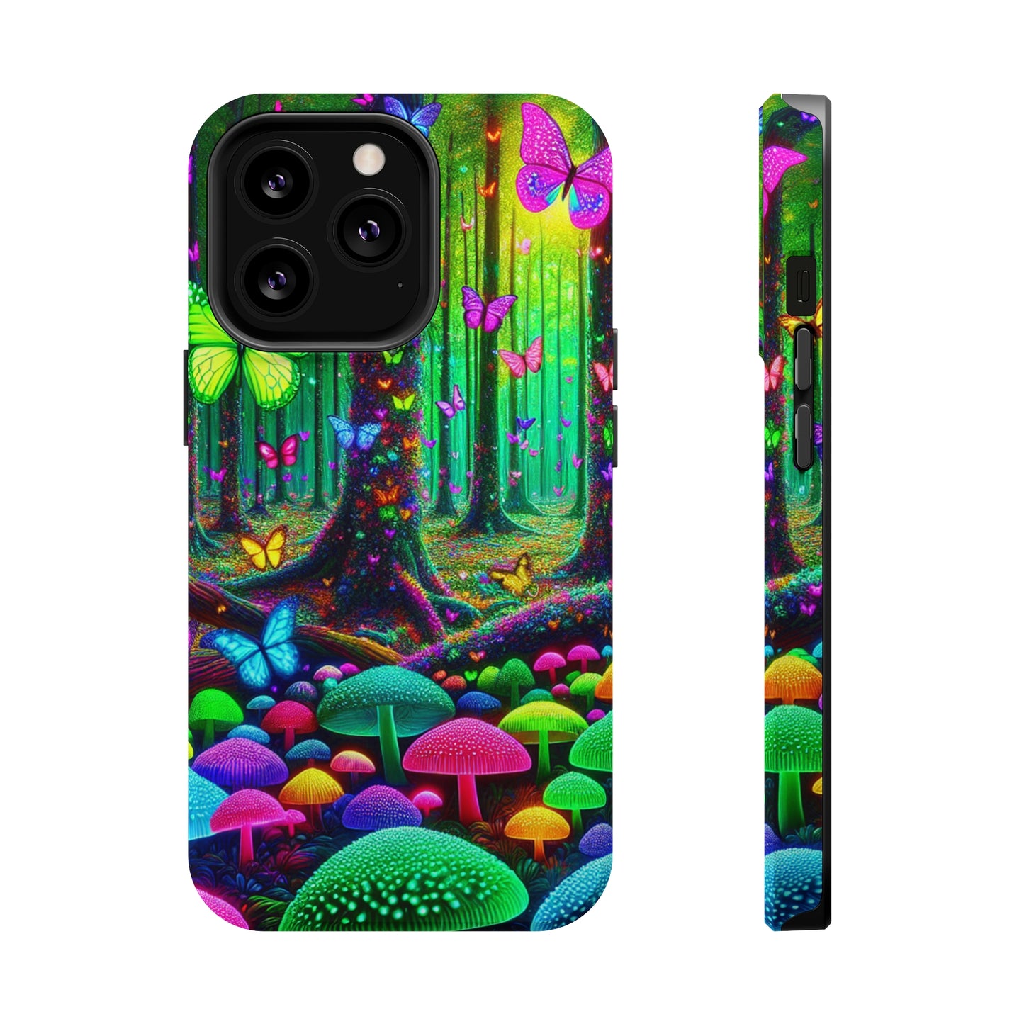 "Neon Garden Symphony". Neon Butterflies and Mushrooms Premium Art Magsafe Magnet Tough IPhone 13 14 15 Pro Plus Max and Mini in Matte and Glossy Phone cases