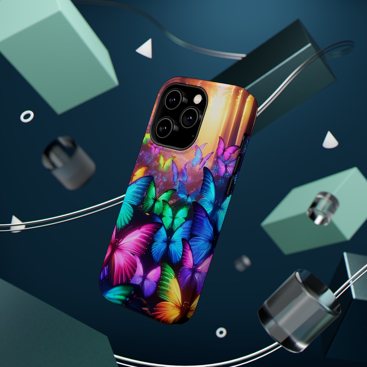 "Radiant Glowing Flight" Neon Butterflies Premium Art Magsafe Magnet Tough IPhone 13 14 15 Pro Plus Max and Mini in Matte and Glossy Phone cases