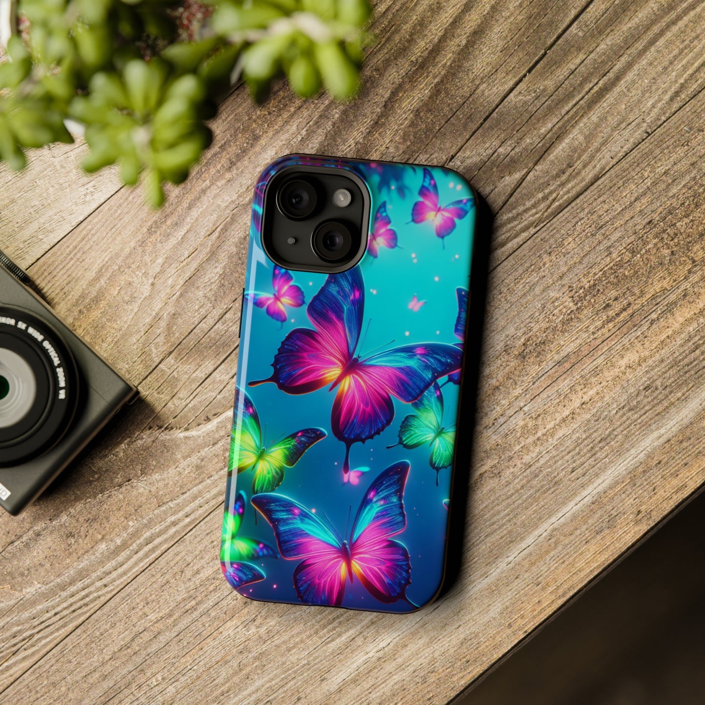 Vivid Glinting Neon Butterflies Neon Butterflies Premium Art Magsafe Magnet Tough IPhone 13 14 15 Pro Plus Max and Mini in Matte and Glossy Phone cases