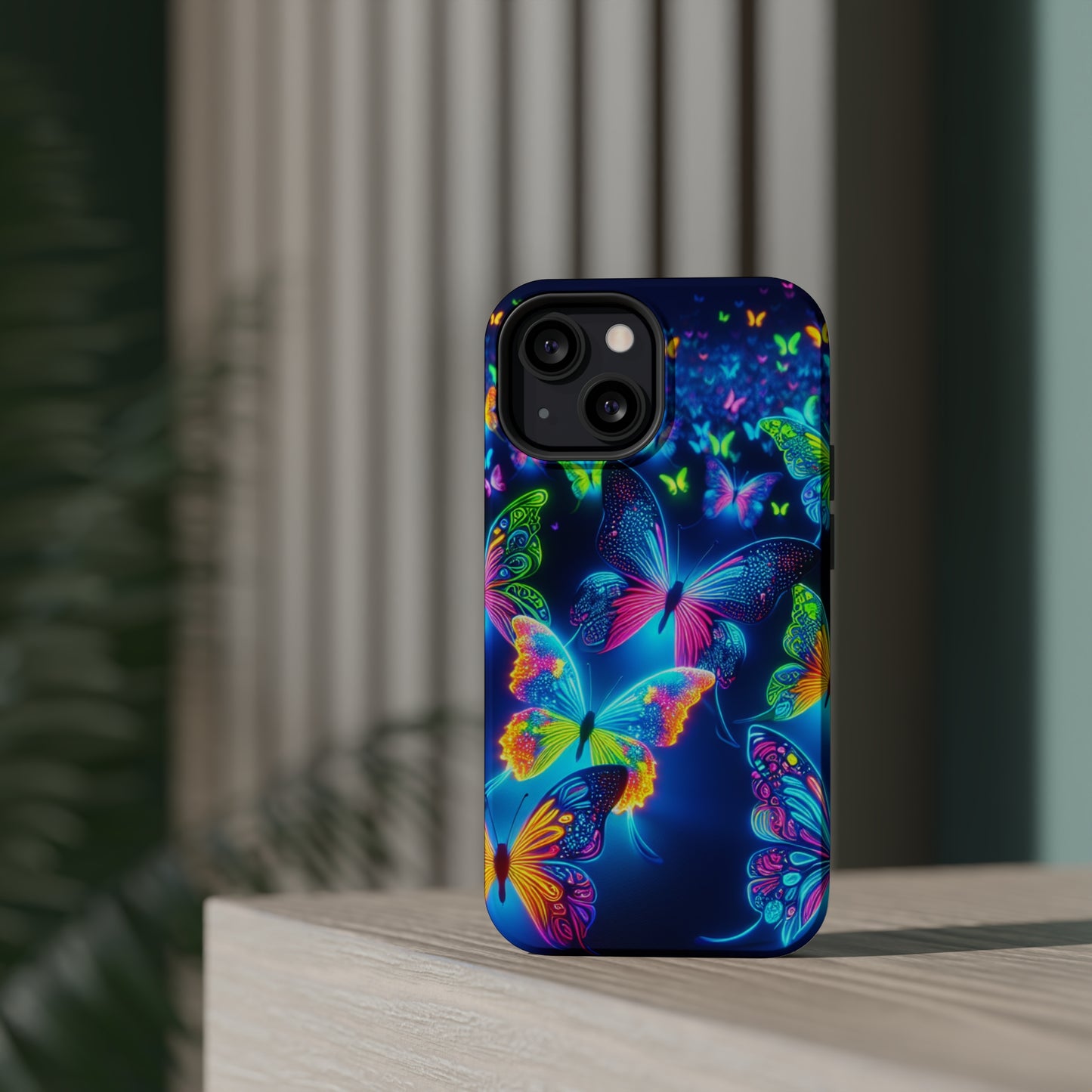 "Atmospheric Fluorescence" Neon Butterflies Premium Art Magsafe Magnet Tough IPhone 13 14 15 Pro Plus Max and Mini in Matte and Glossy Phone cases