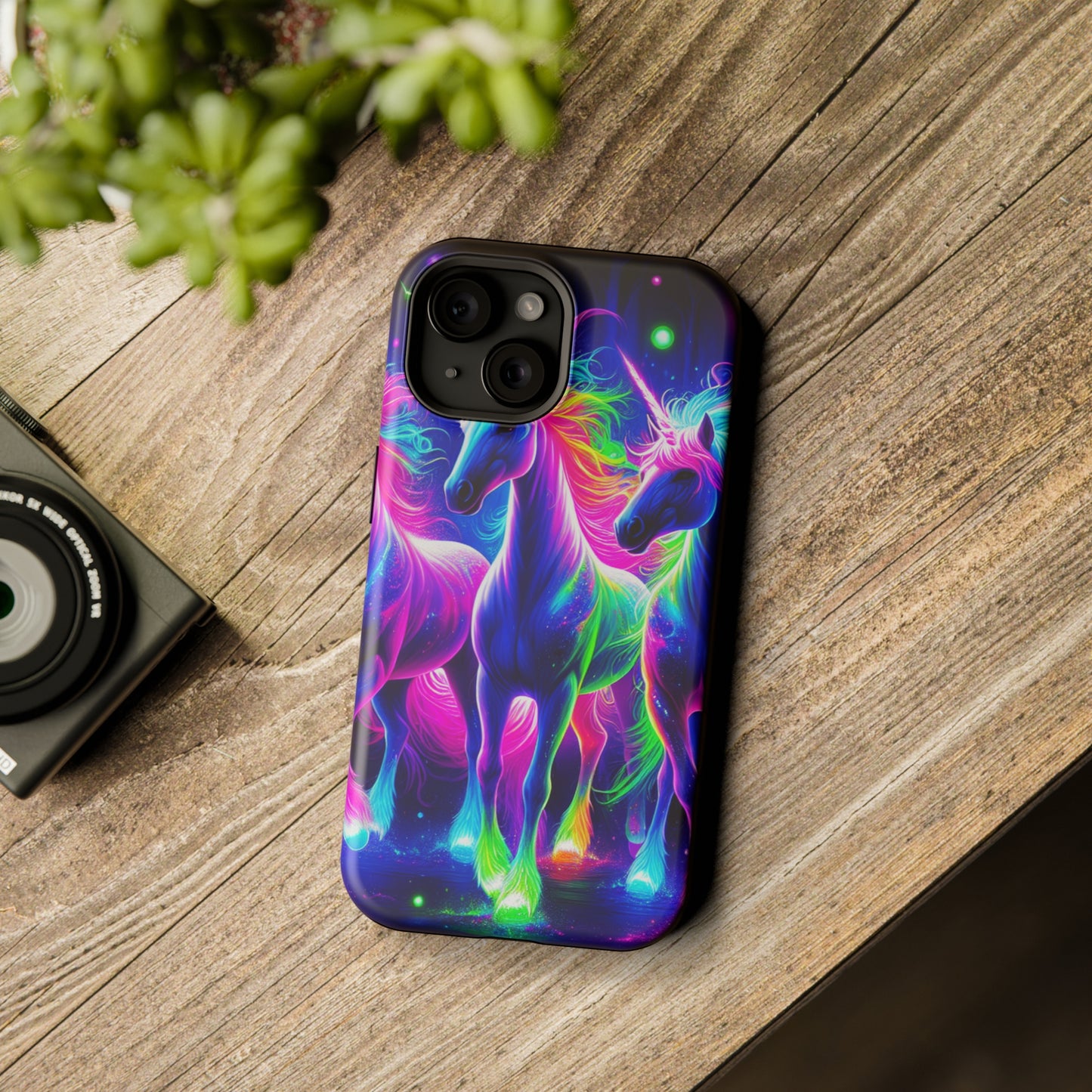 "Uni-Neon Fantasy" Neon Unicorns Premium Art Magsafe Magnet Tough IPhone 13 14 15 Pro Plus Max and Mini in Matte and Glossy Phone cases