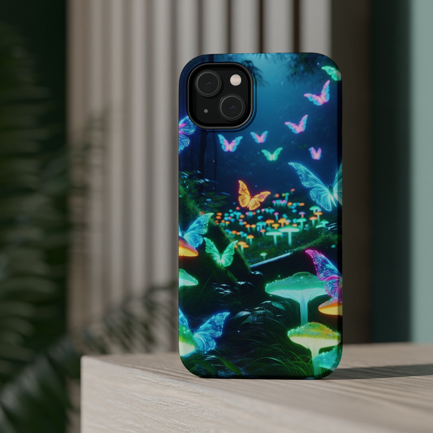 "Neon Meadow" Neon Butterflies and Mushrooms Premium Art Magsafe Magnet Tough IPhone 13 14 15 Pro Plus Max and Mini in Matte and Glossy Phone cases