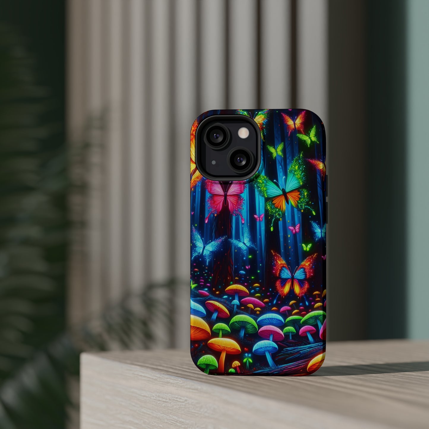 Neon Fantasia. Neon Butterflies and Mushrooms Premium Art Magsafe Magnet Tough IPhone 13 14 15 Pro Plus Max and Mini in Matte and Glossy Phone cases