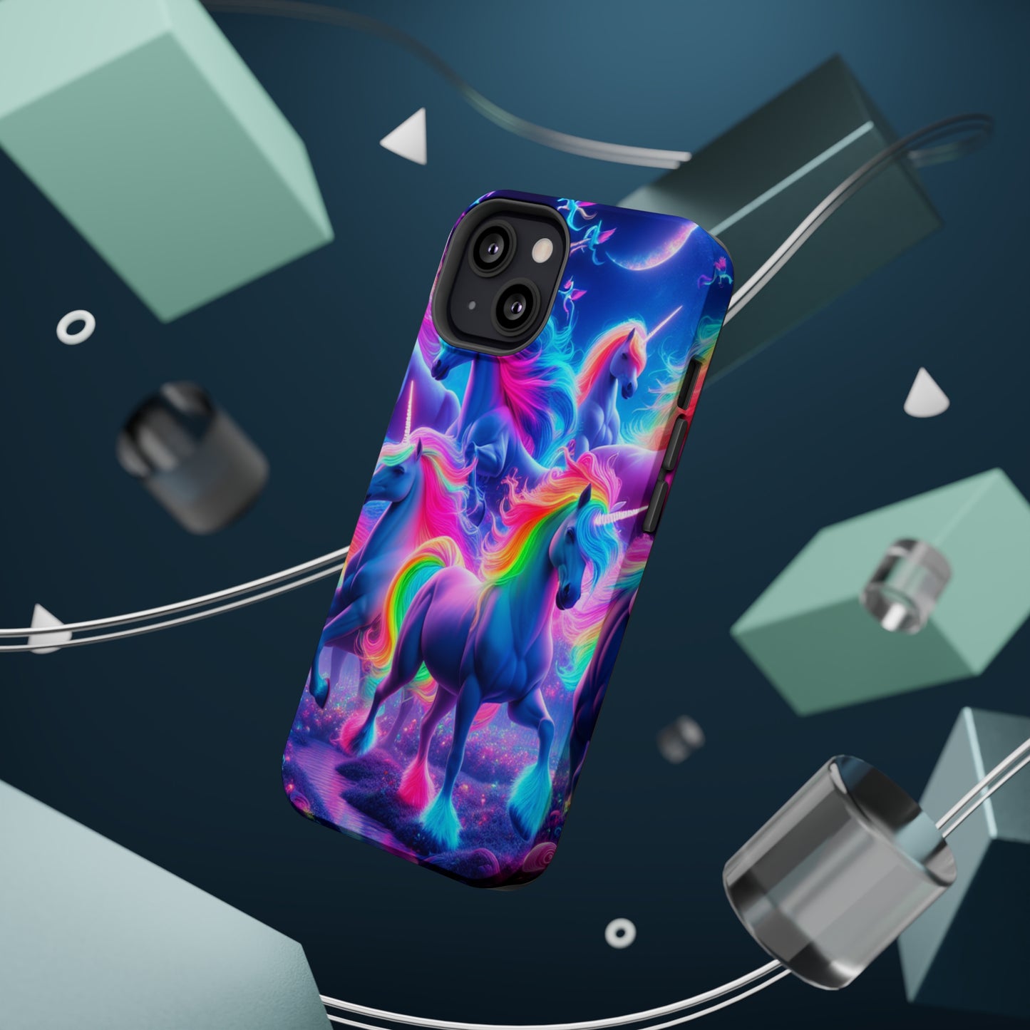 "Unicorn Prism" Neon Unicorns Premium Art Magsafe Magnet Tough IPhone 13 14 15 Pro Plus Max and Mini in Matte and Glossy Phone cases
