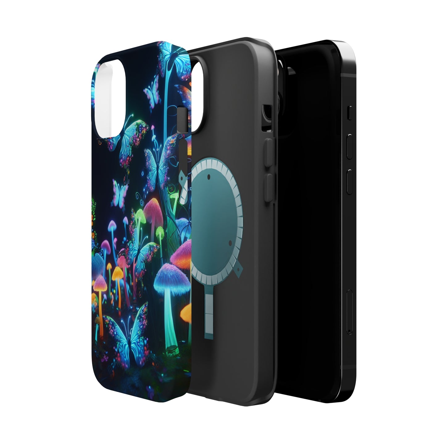 "Neon Dreamscape" Neon Butterflies and Mushrooms Premium Art Magsafe Magnet Tough IPhone 13 14 15 Pro Plus Max and Mini in Matte and Glossy Phone cases