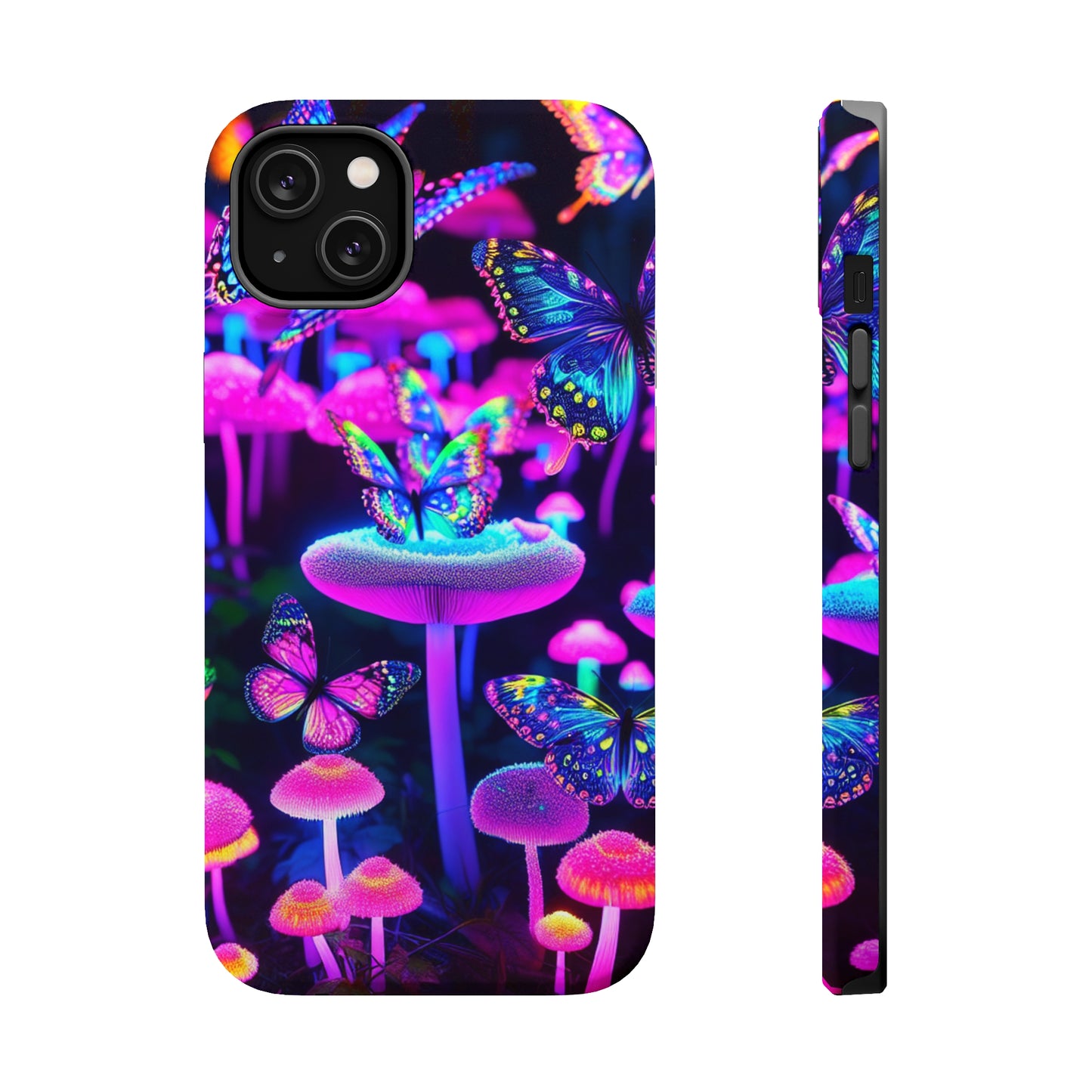 "Neon Gloomsprite Dance" Neon Butterflies and Mushrooms Premium Art Magsafe Magnet Tough IPhone 13 14 15 Pro Plus Max and Mini in Matte and Glossy Phone cases