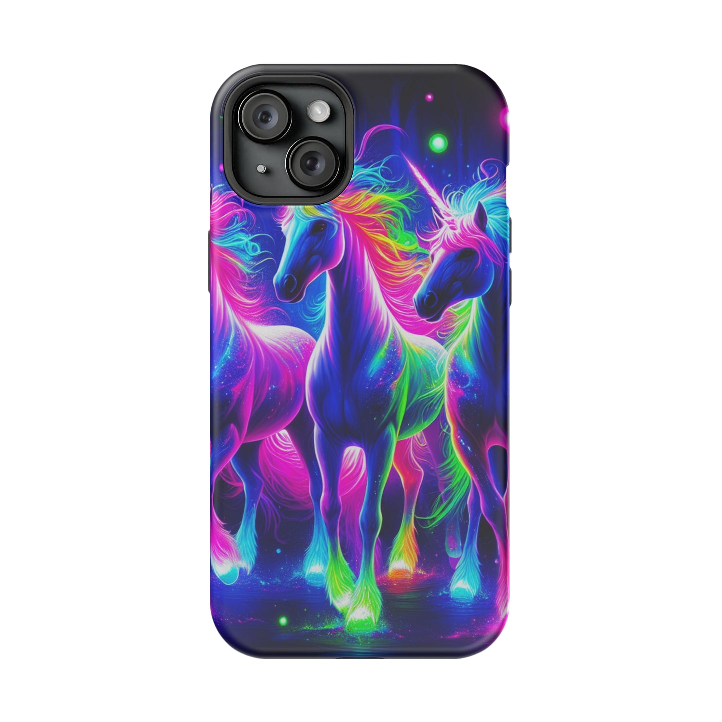 "Uni-Neon Fantasy" Neon Unicorns Premium Art Magsafe Magnet Tough IPhone 13 14 15 Pro Plus Max and Mini in Matte and Glossy Phone cases